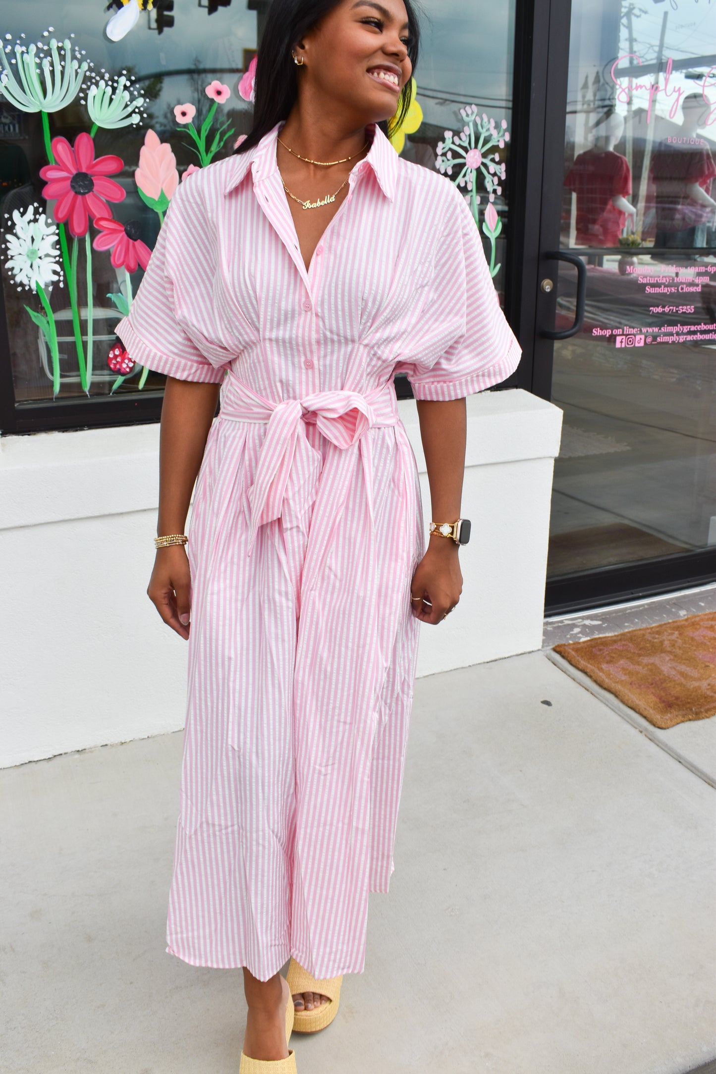 Seer Sucker Striped W/ Bow Tie Maxi Dress