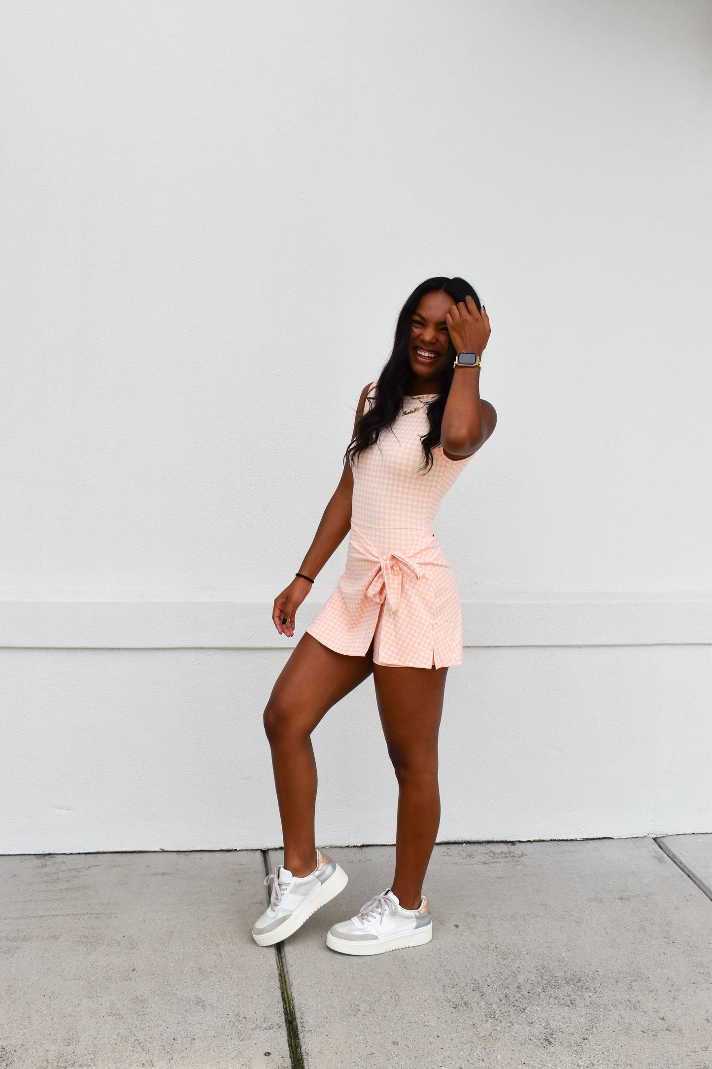 Gingham Athletic Wrap Tie Dress: Peach