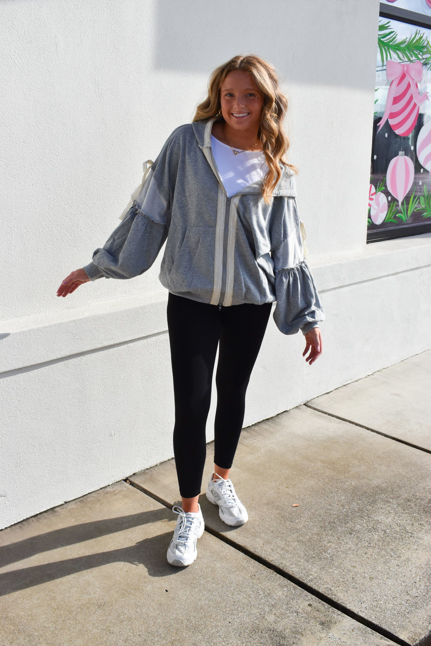 Bow Lace Hoodie W/ Double Zipper