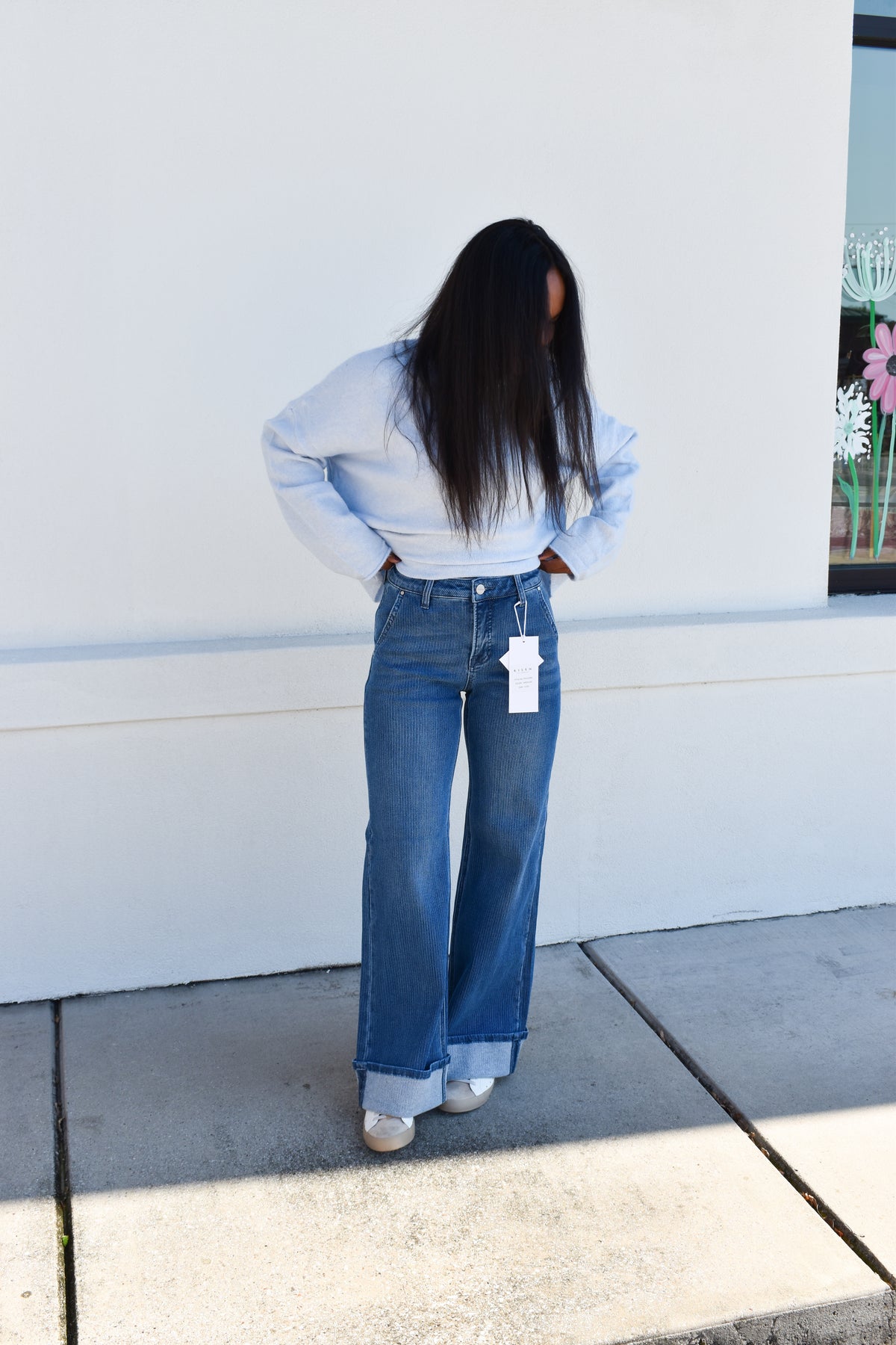 Risen Mid Rise Wide Leg Cuffed Jeans