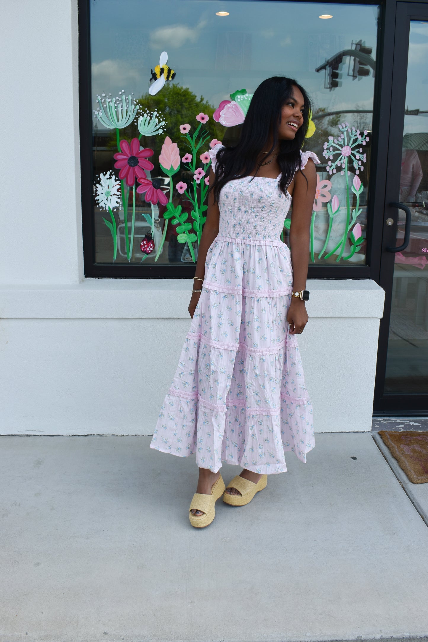 Ditsy Flower Smocked Dress: Pink/Blue
