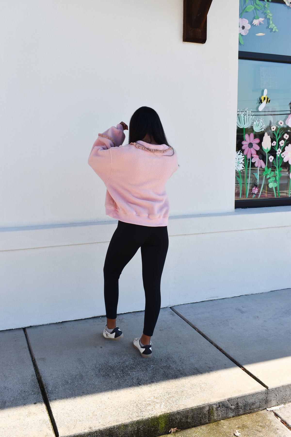 Gingham Fleece Collared Pullover: Pink