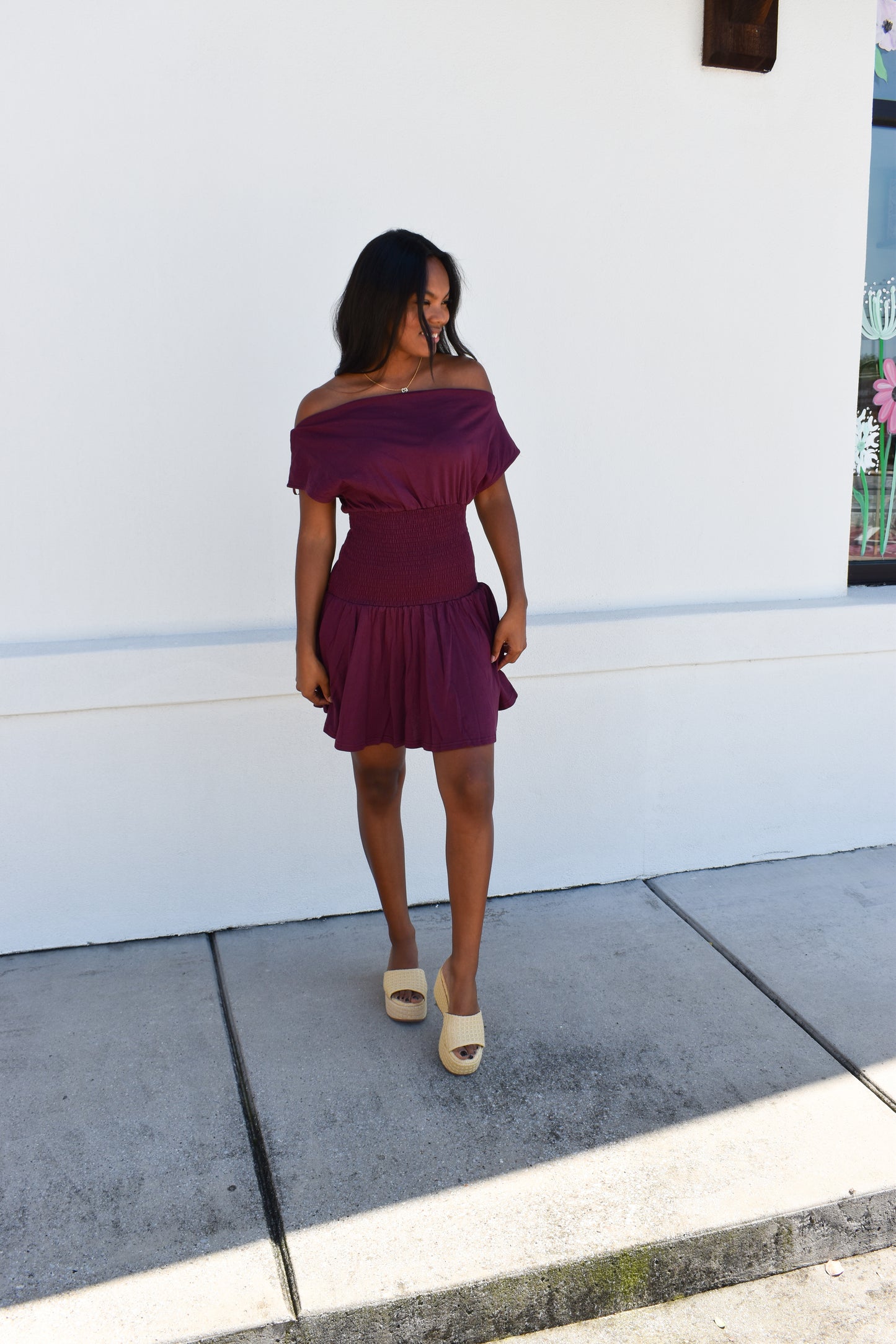 Off Shoulder Smocked Waist Dress: Wine