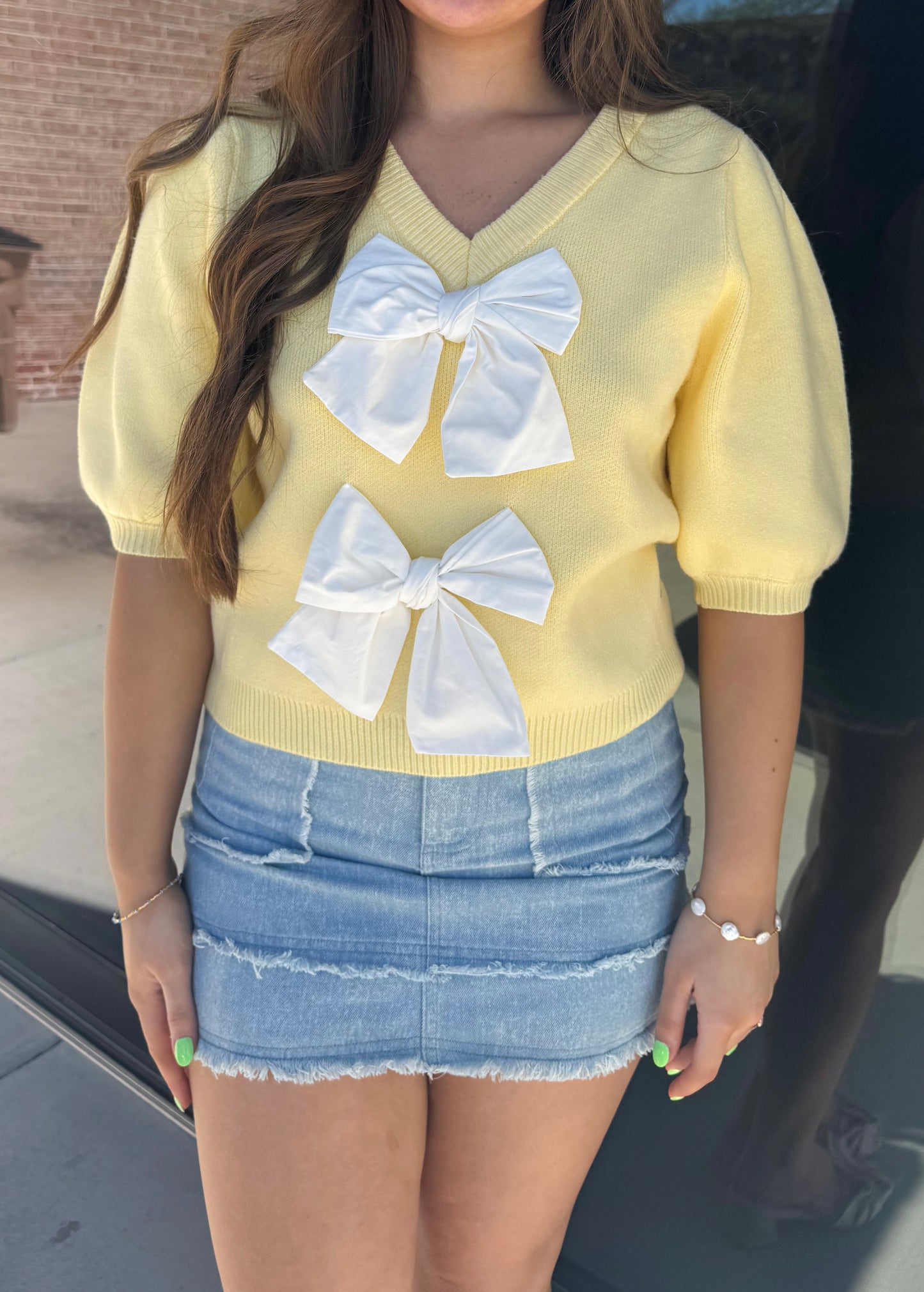 Short Puff Sleeve Bow Front Sweater Top