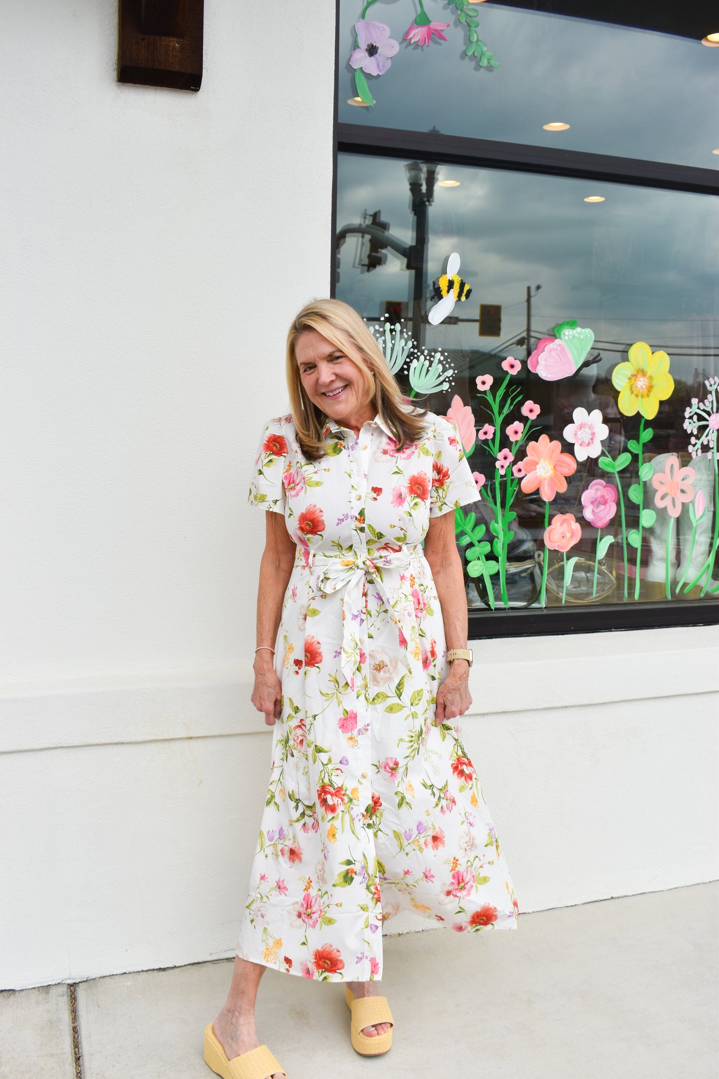 Floral Short Sleeve Belted Midi Dress