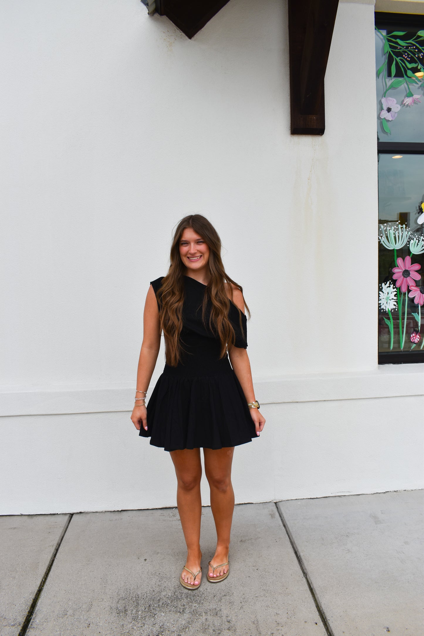 Off Shoulder Smocked Waist Dress: Black