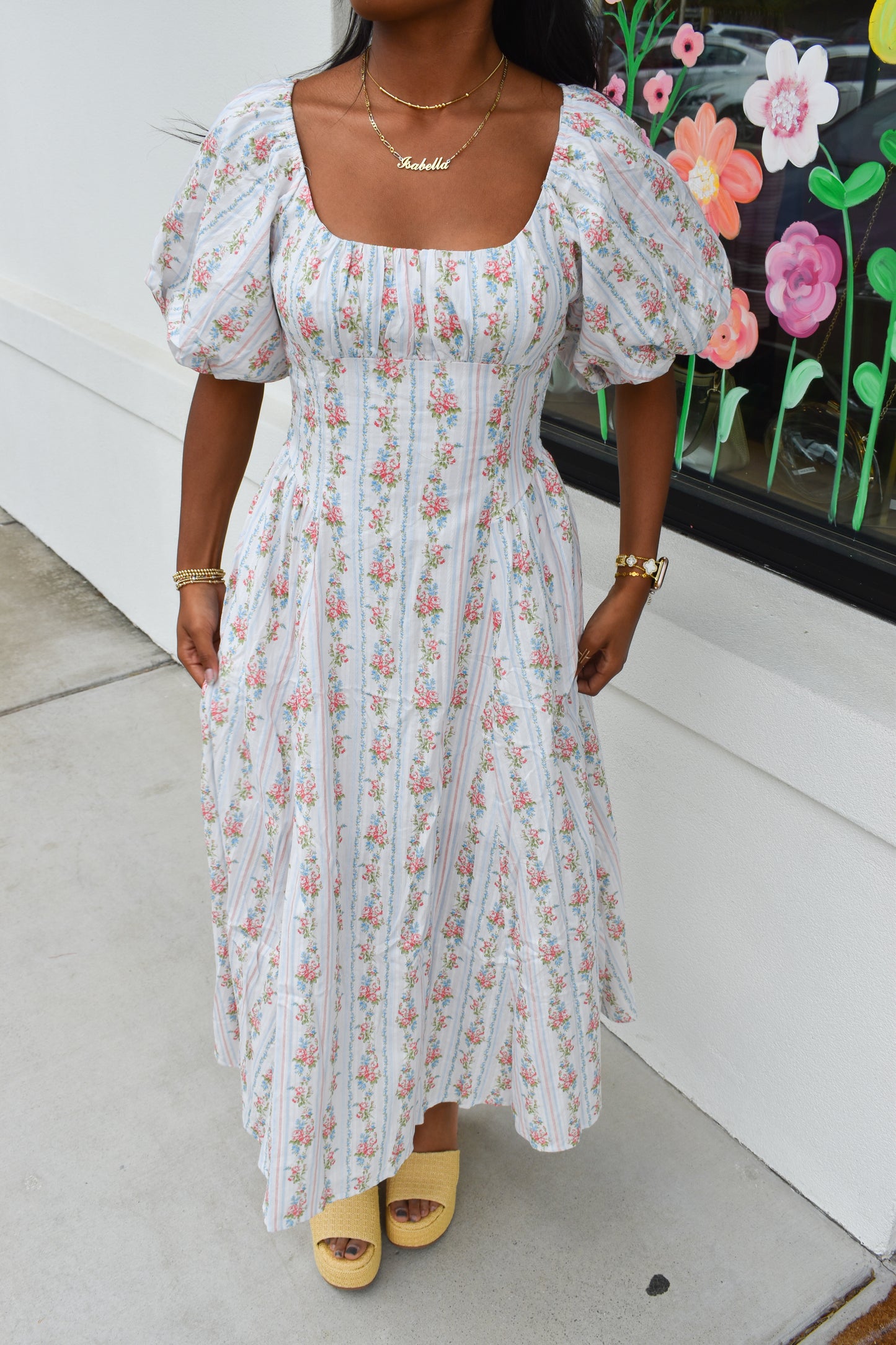Floral Bubble Maxi Dress W/ Pin Stripe Detail