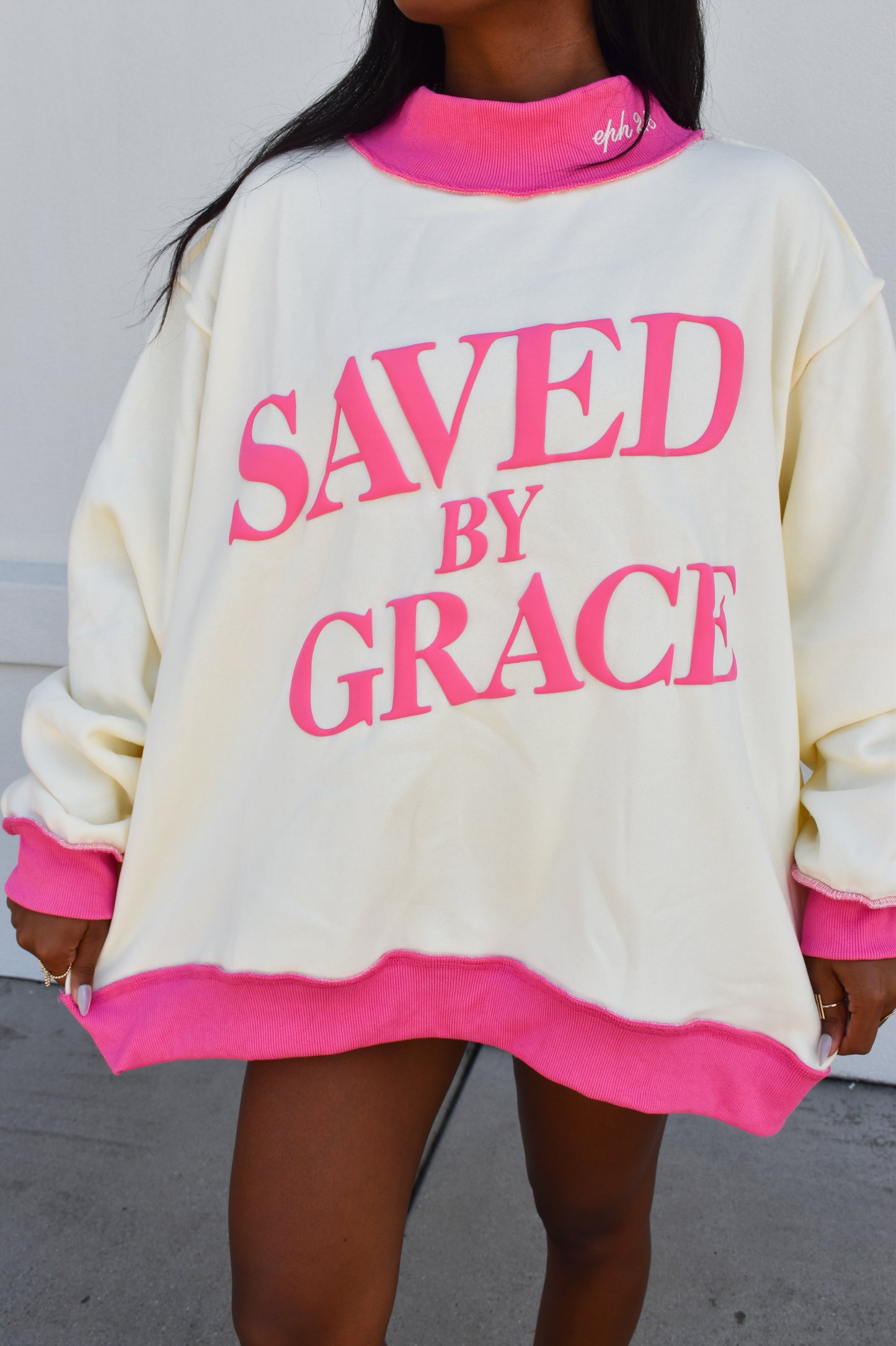 'SAVED BY GRACE' Puff Print Mockneck