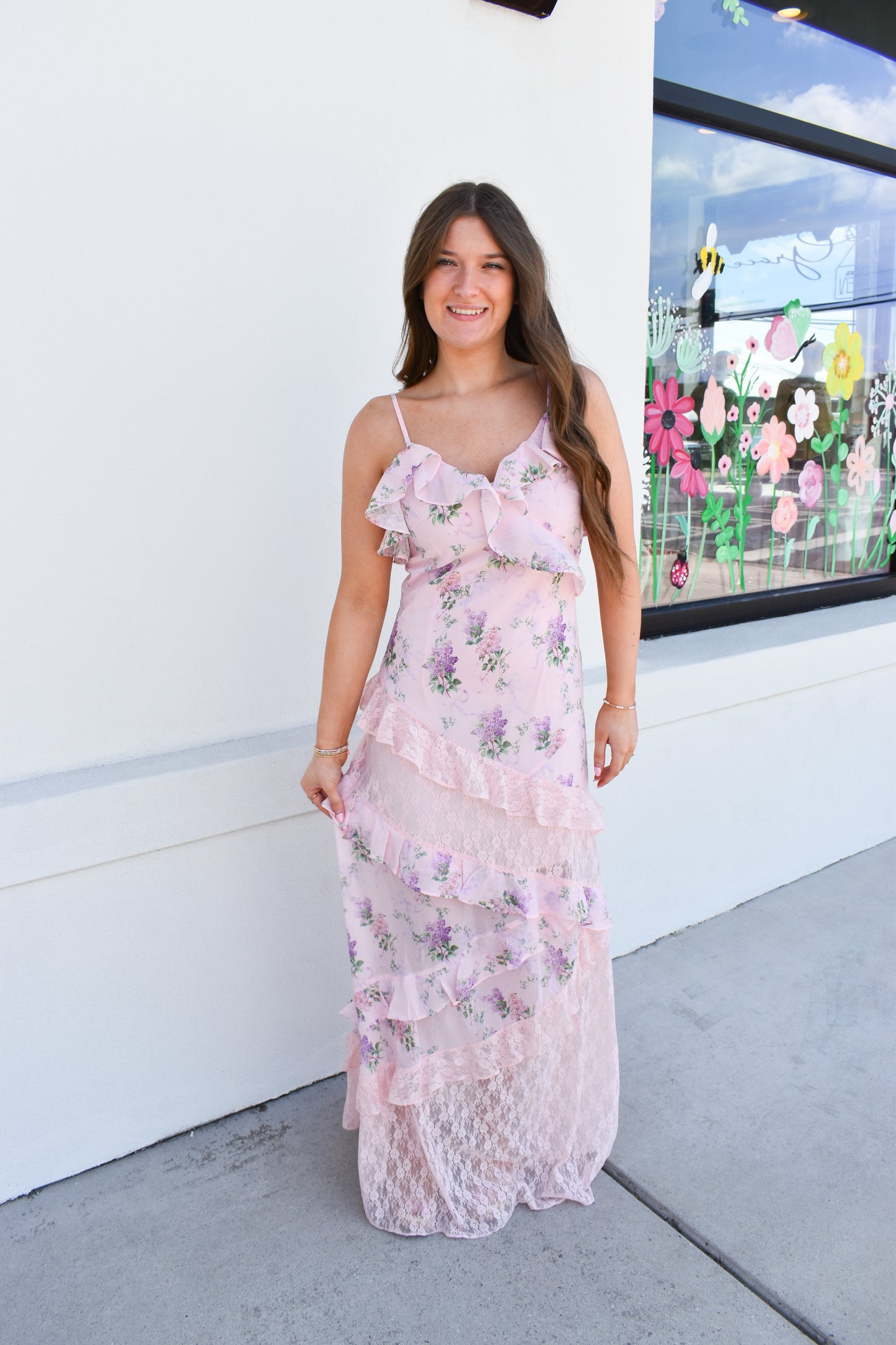 Floral Lace Ruffle Maxi Dress
