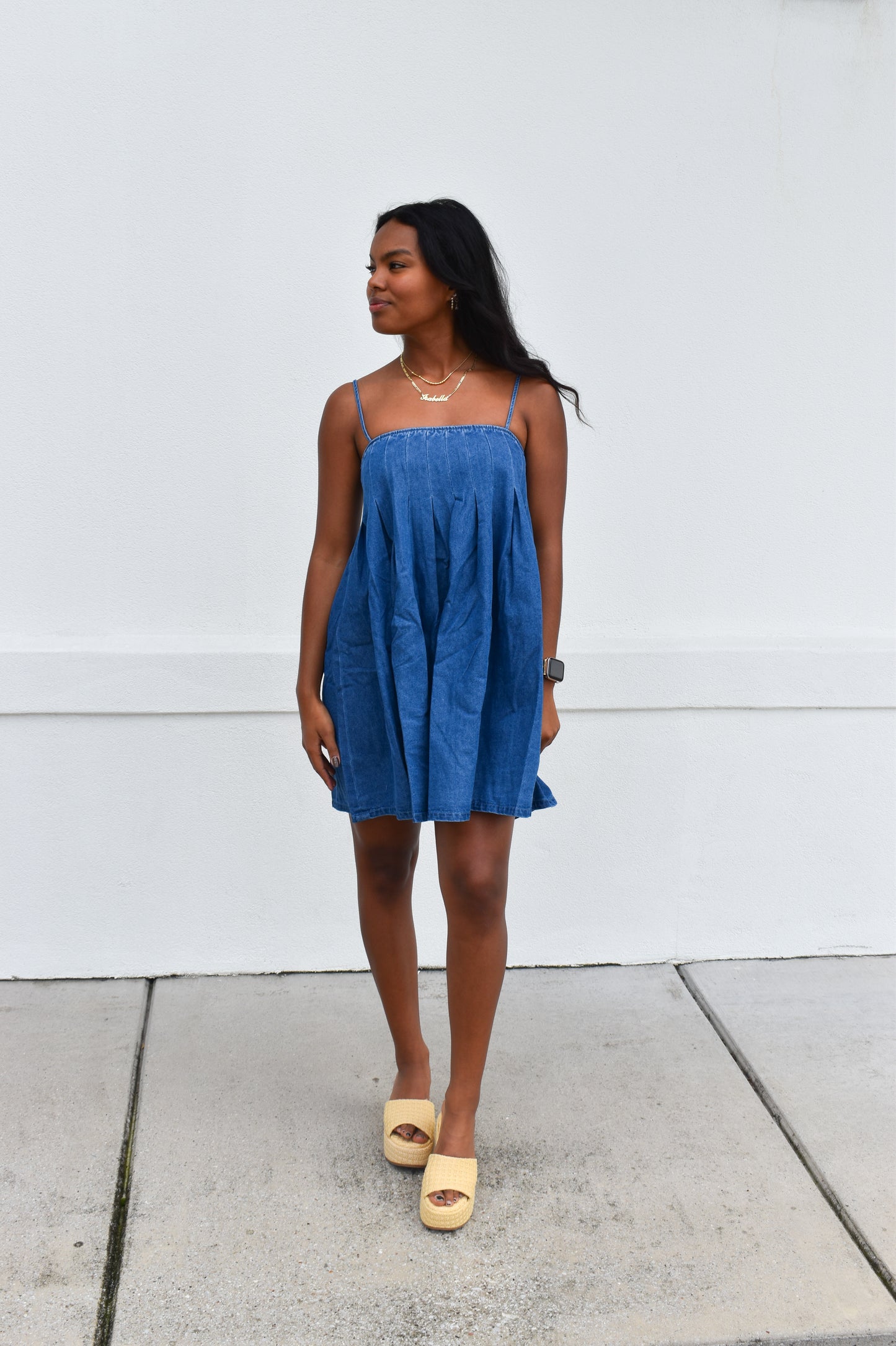 Denim Pleated Babydoll Dress