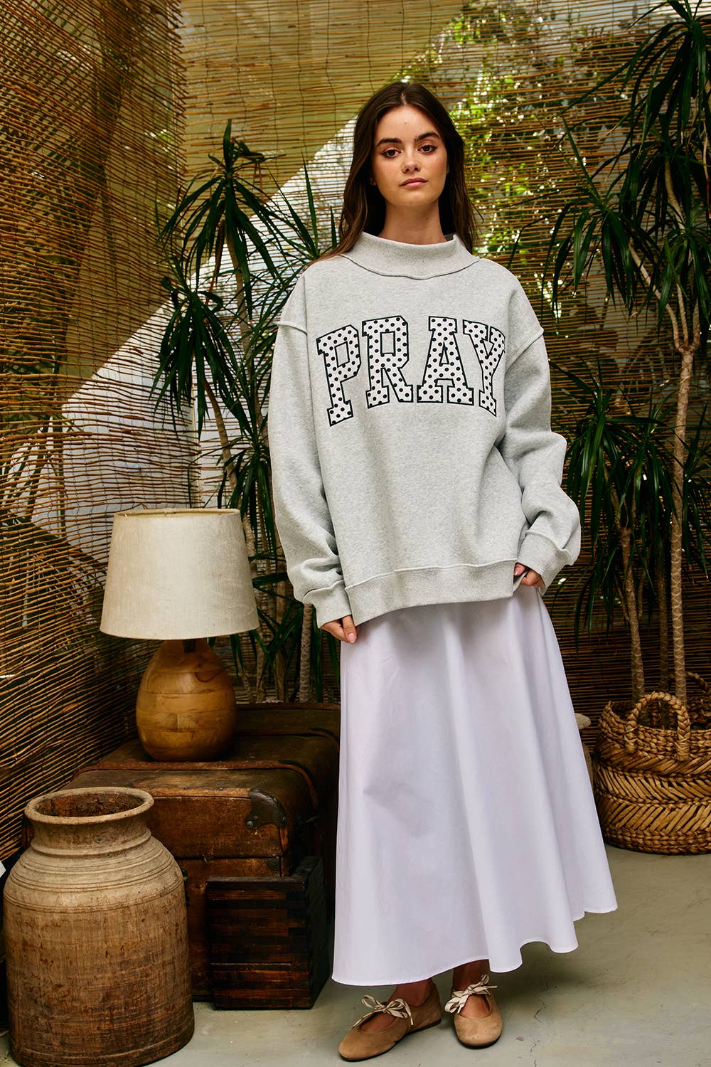 Embroidered "PRAY" Polka Dot Mockneck