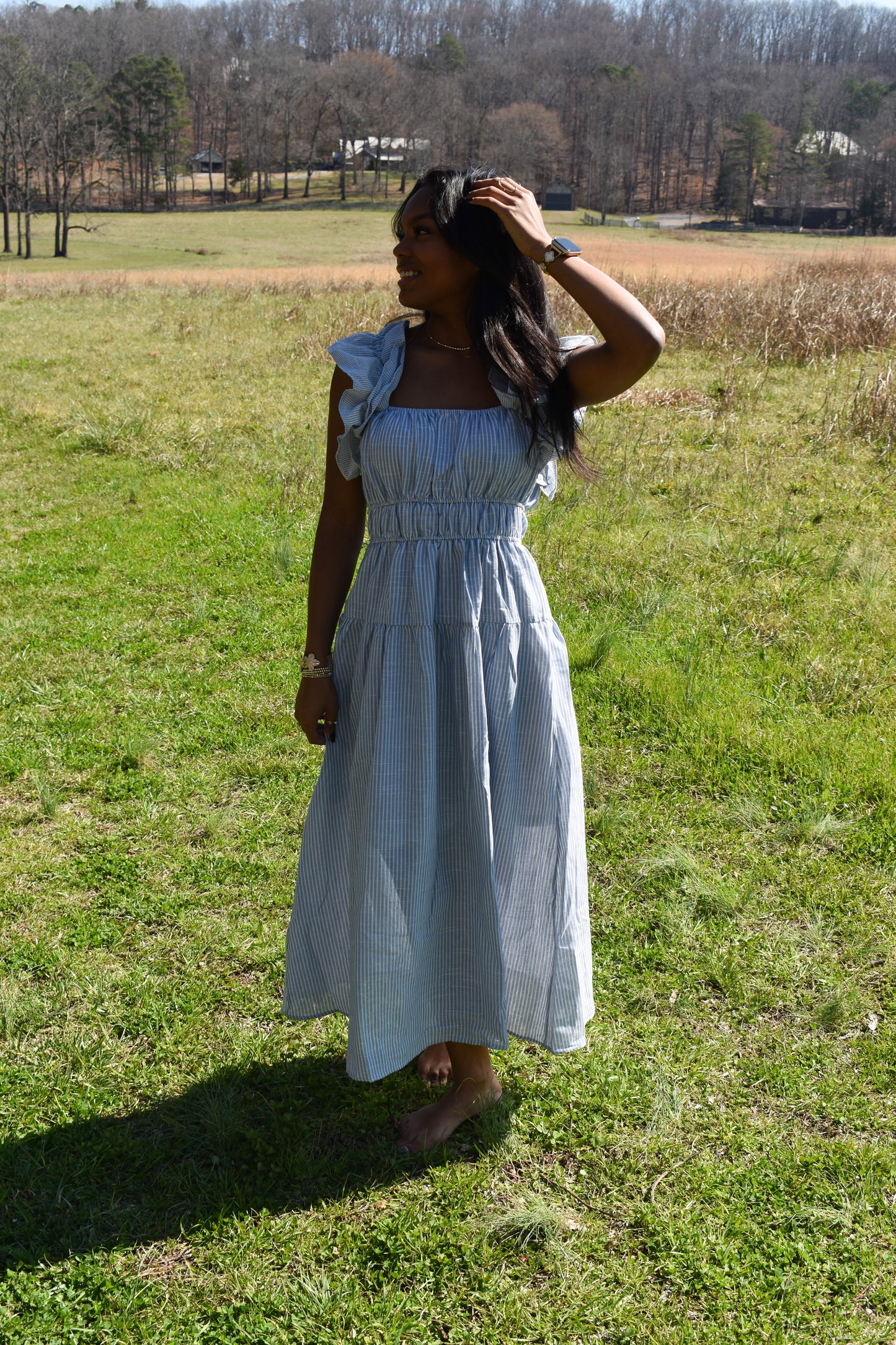 Shoulder Ruffle Stripe Midi Dress