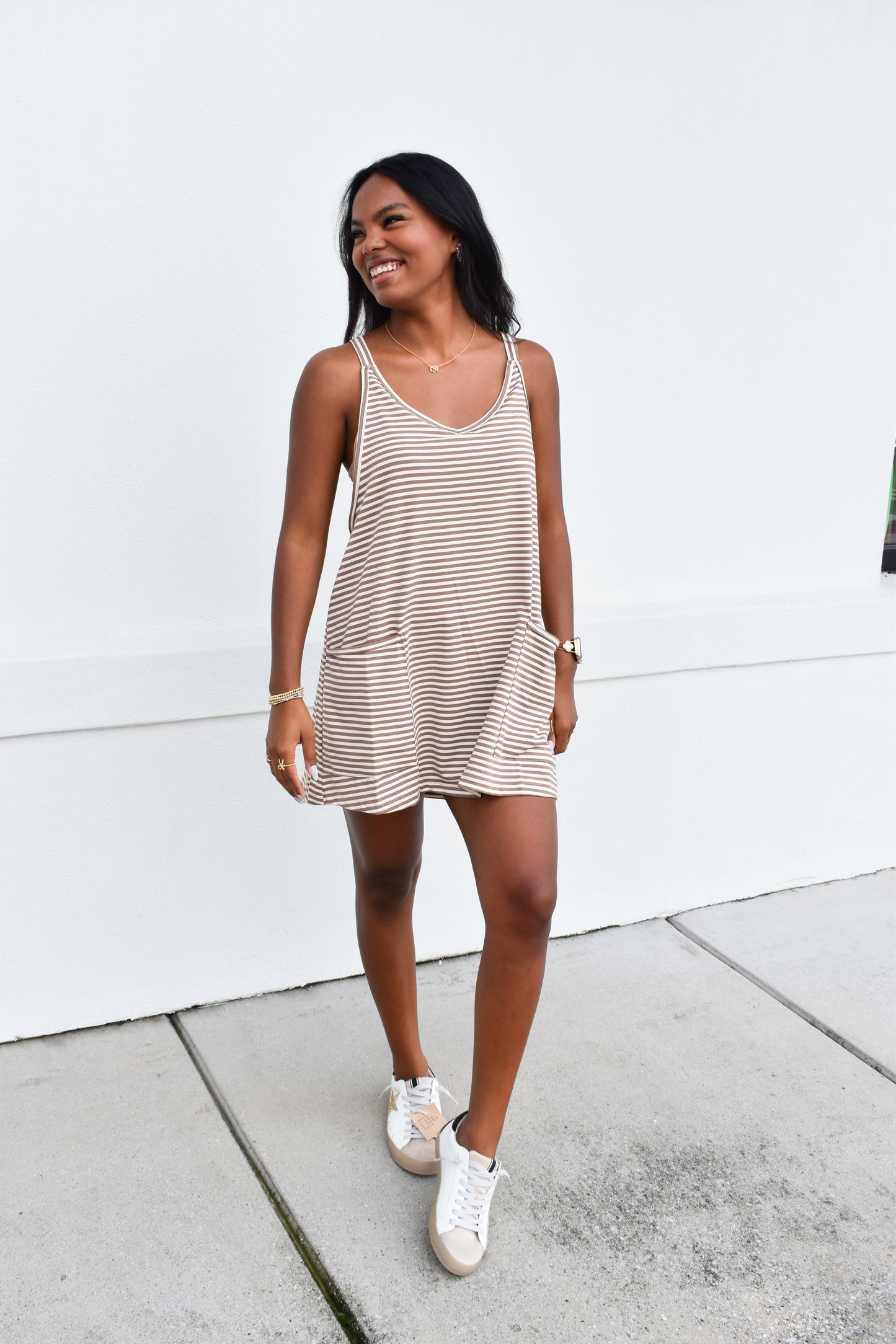 Striped Romper Dress W/ Built In Romper: Brown