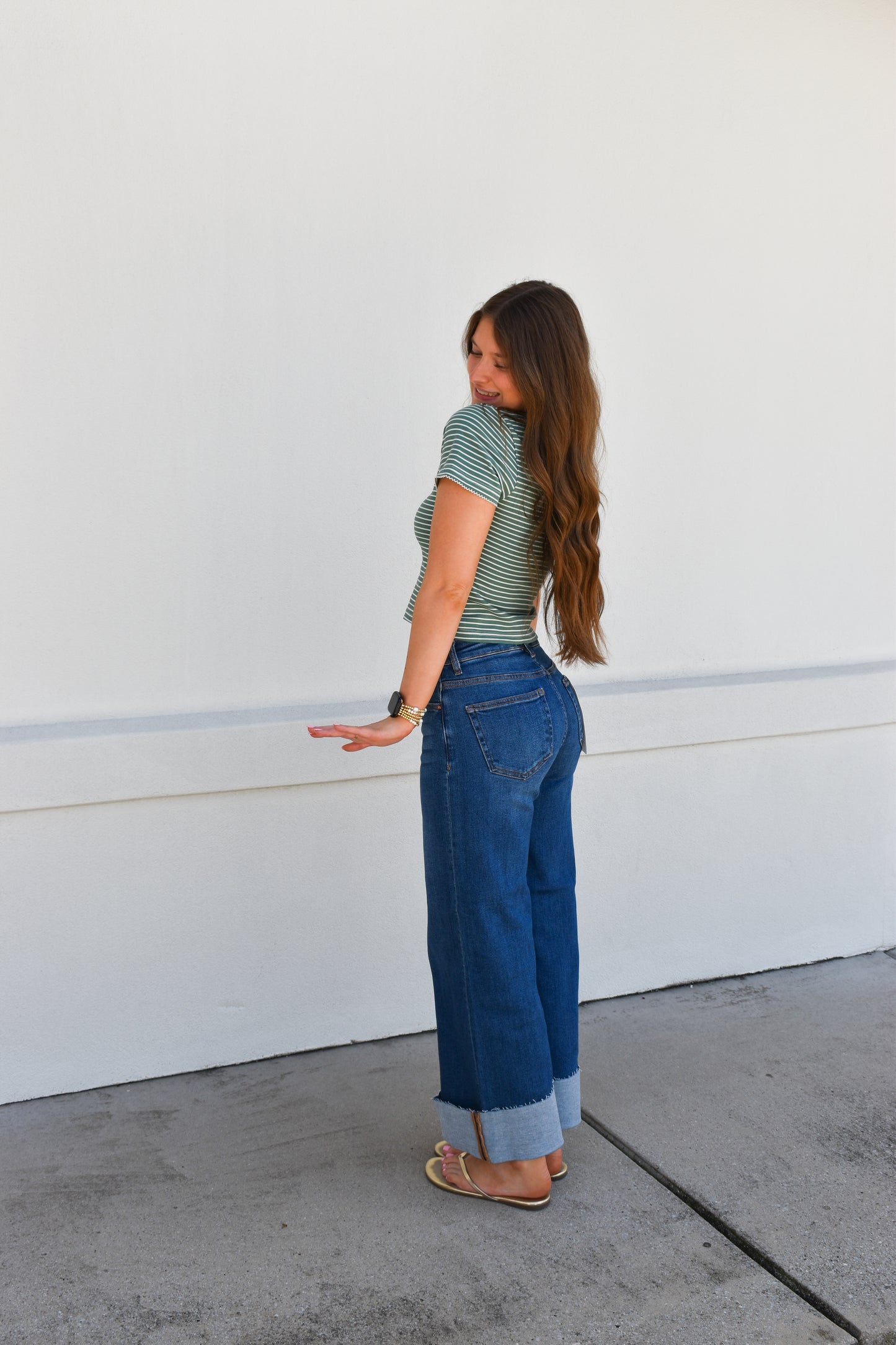 Risen High-Rise Wide-Cuffed Jeans: Dark Wash