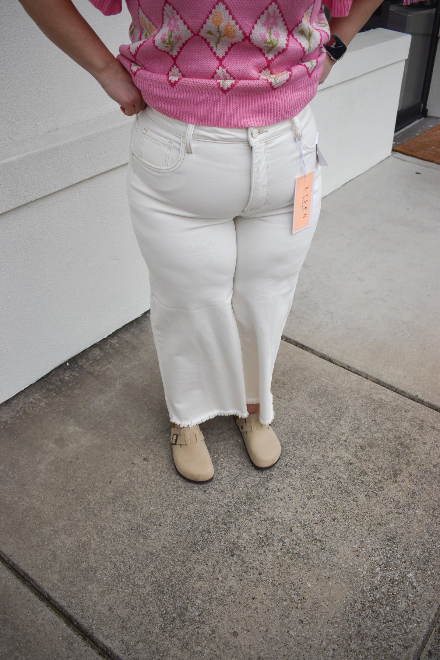 Risen White High Rise Crop Wide Pants W/ Stitching Detail