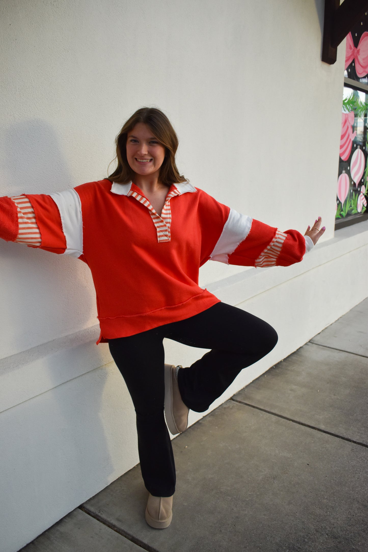 Terry Knit Collared Top: Red/Cream