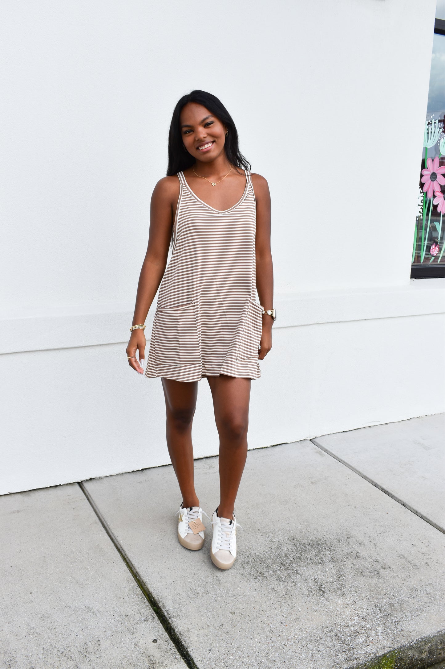Striped Romper Dress W/ Built In Romper: Brown
