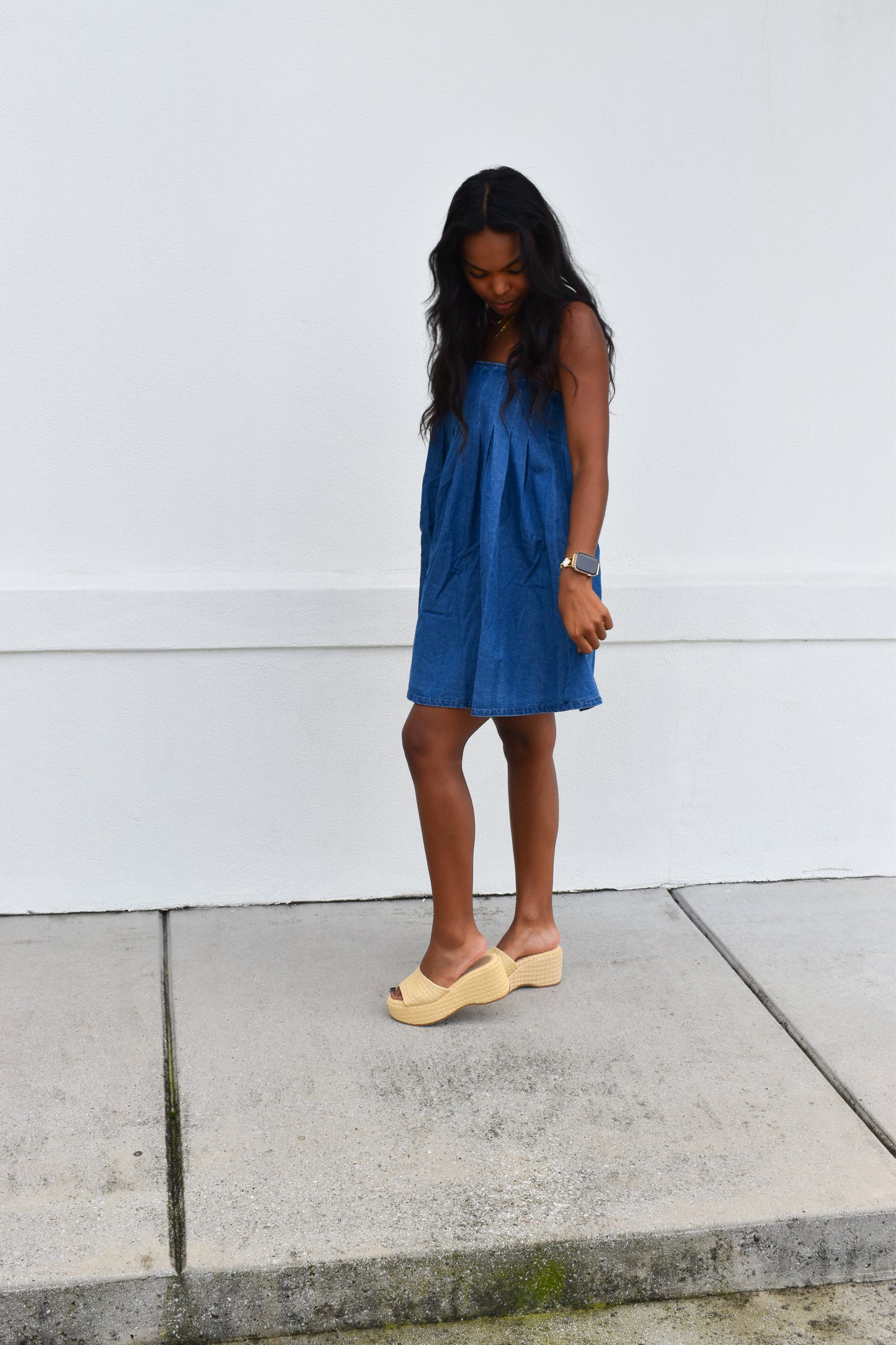 Denim Pleated Babydoll Dress