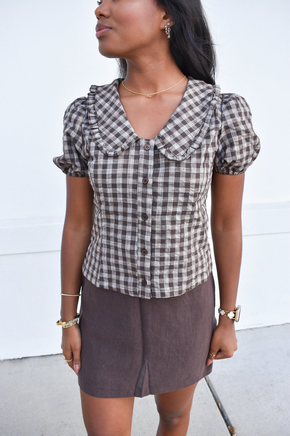 Gingham Plaid Button Top W/ Ruffle Collar
