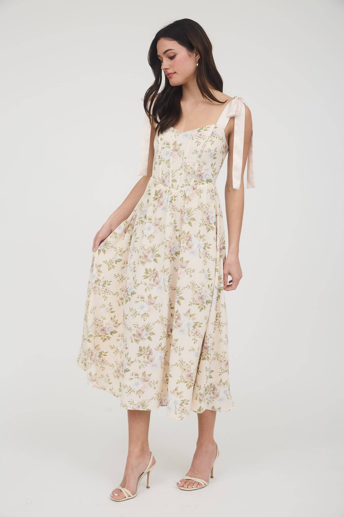 Floral Corset Tie Strap Midi Dress
