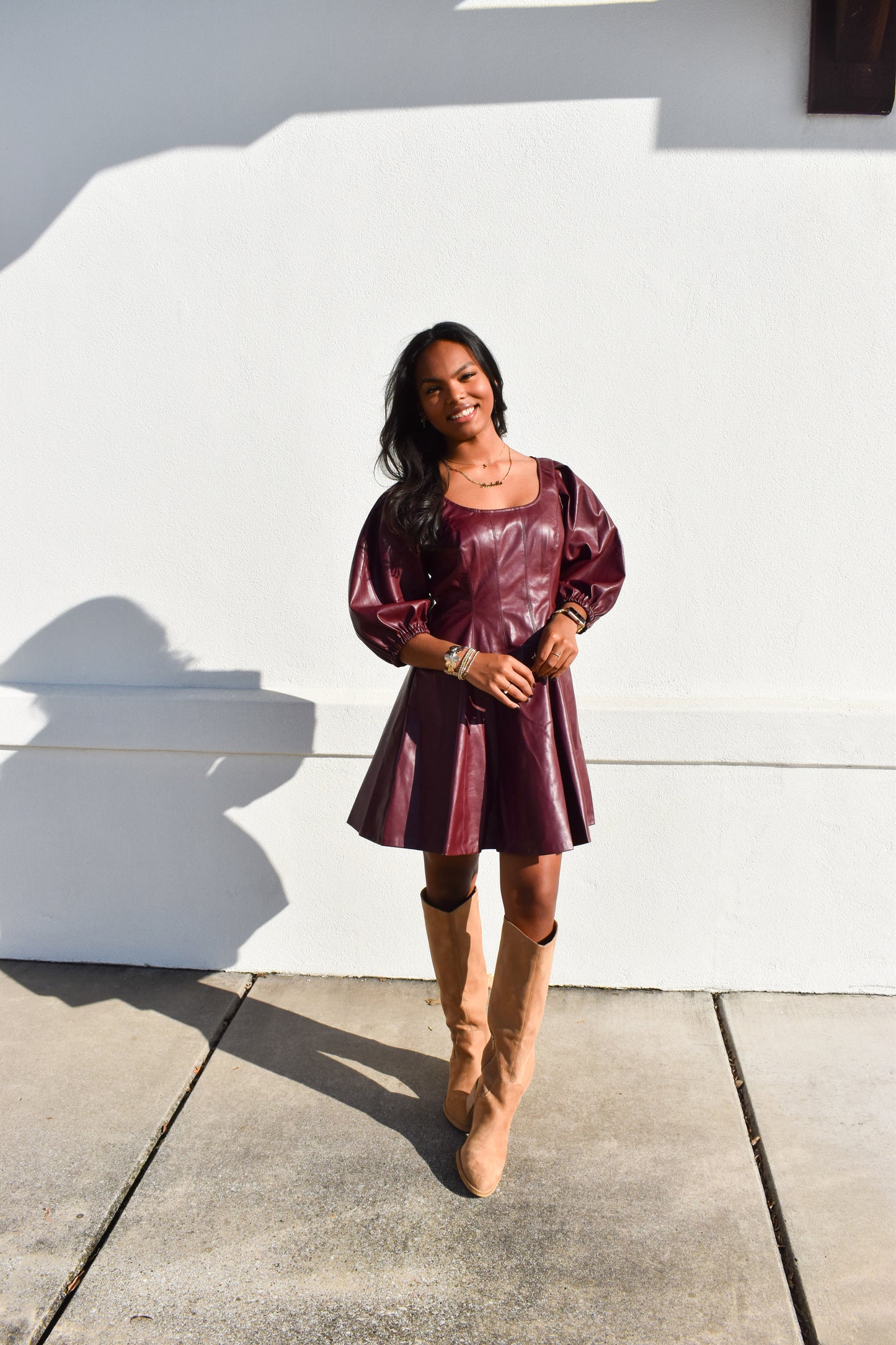 Red Leather Puff Sleeve Dress