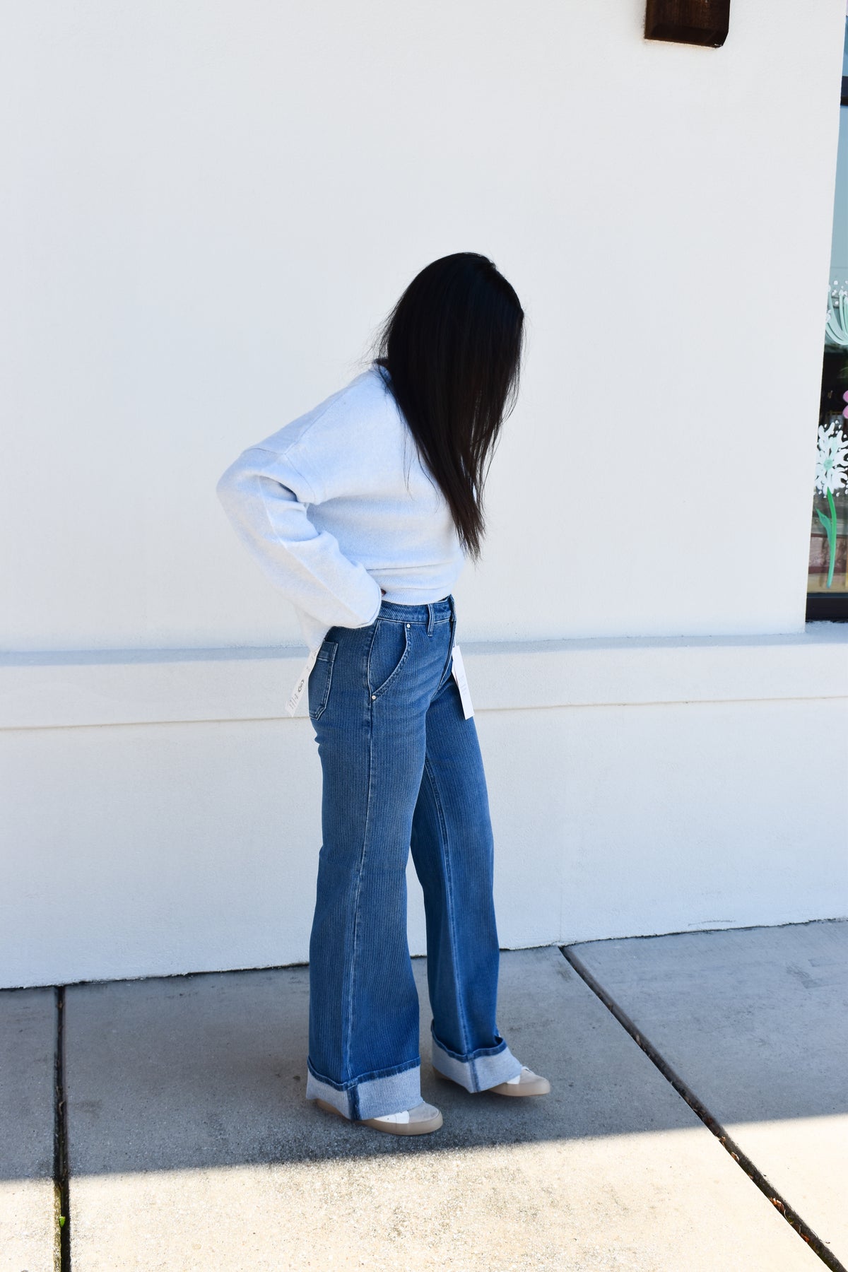 Risen Mid Rise Wide Leg Cuffed Jeans