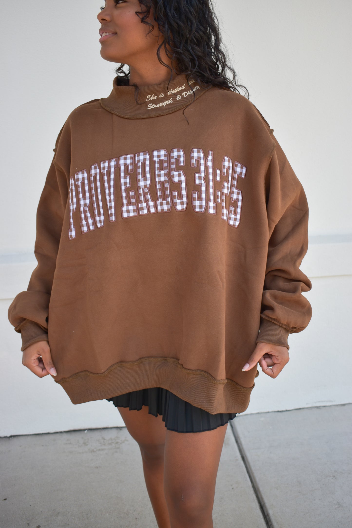'PROVERBS 31:25' Script Collar Mockneck: Brown