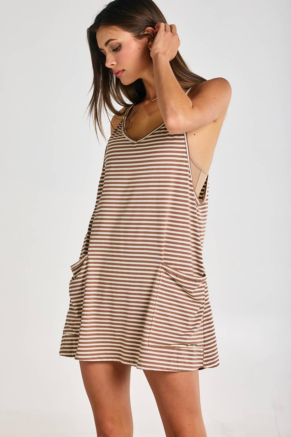 Striped Romper Dress W/ Built In Romper: Brown