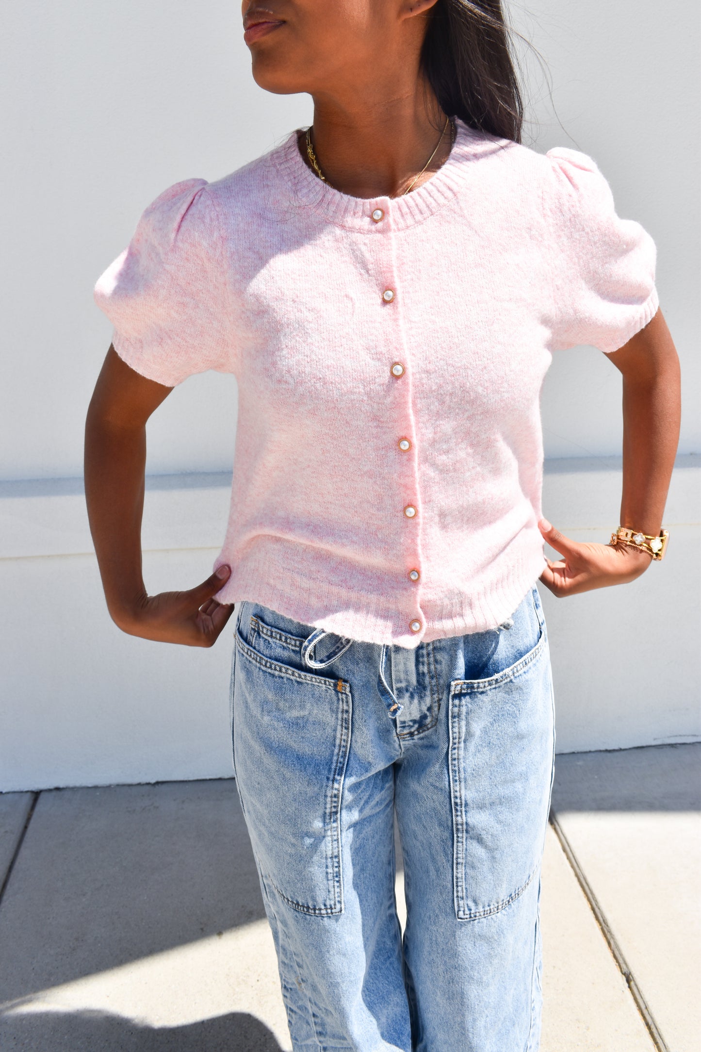 Pink Cardi W/ Pearl Buttons