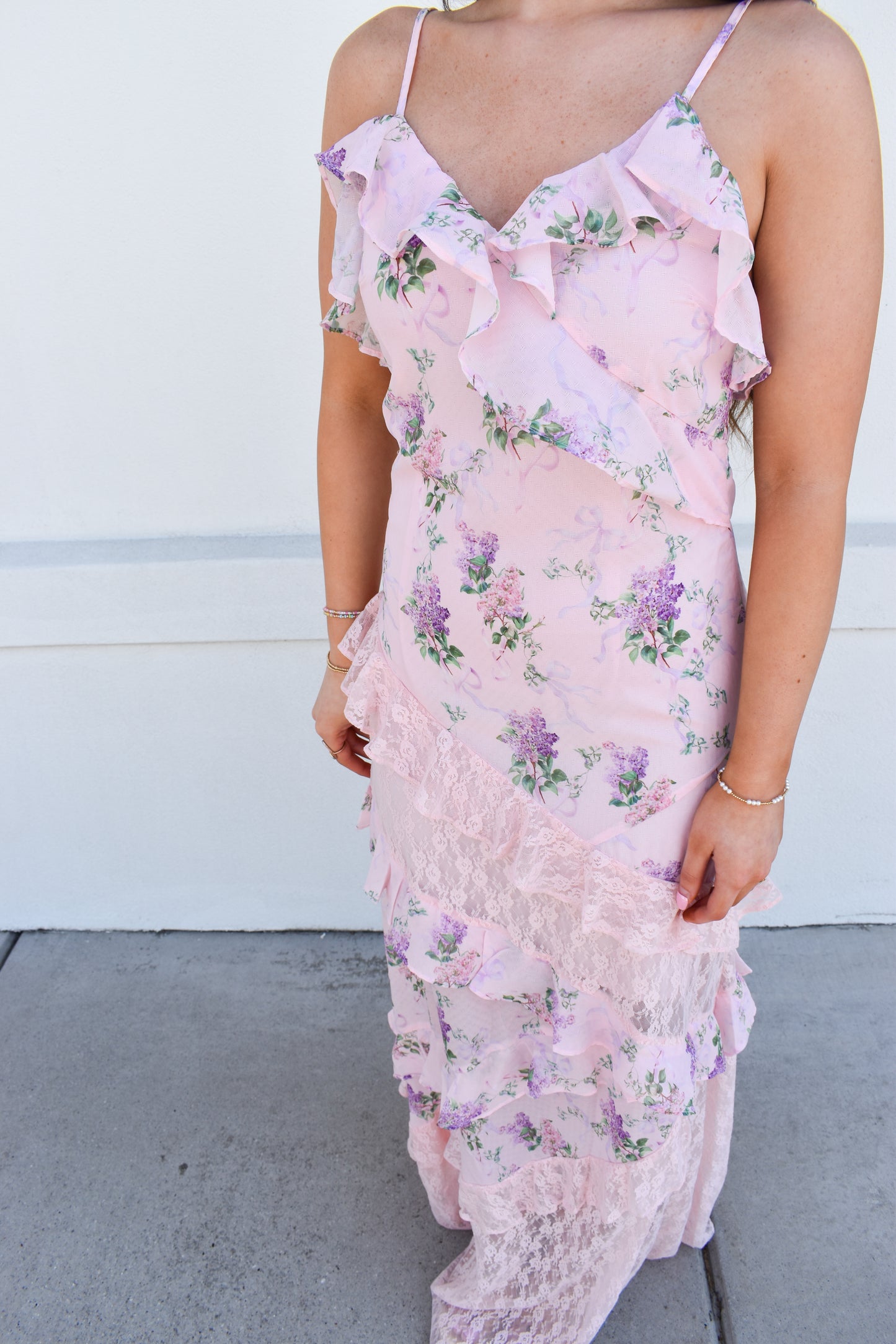 Floral Lace Ruffle Maxi Dress