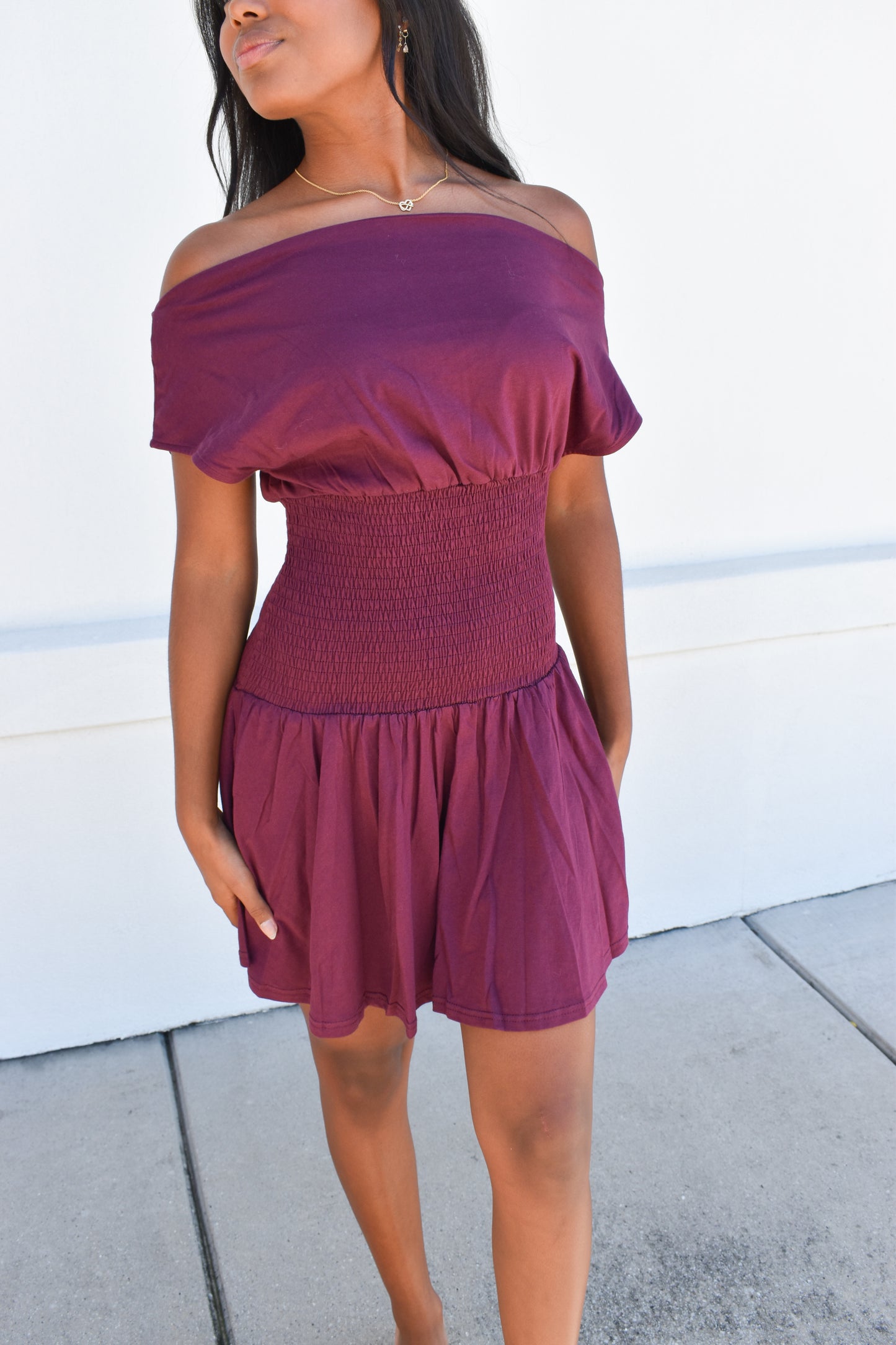 Off Shoulder Smocked Waist Dress: Wine