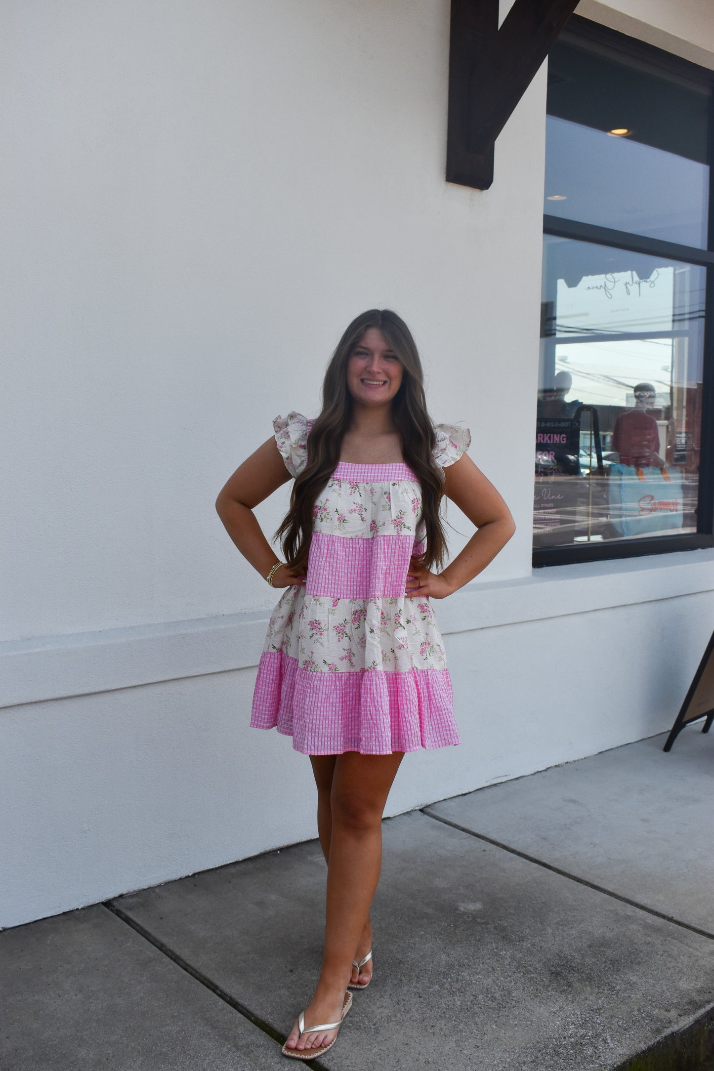 Mini Dress W/ Mixed Floral Print and Pink Gingham