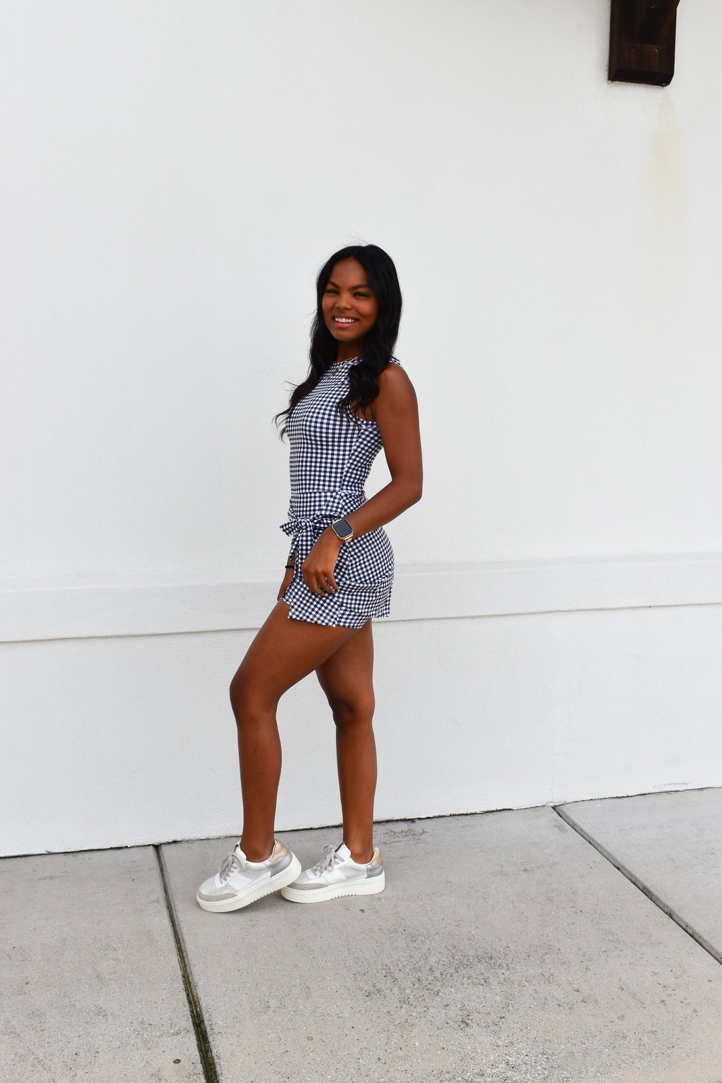Gingham Athletic Wrap Tie Dress: Black