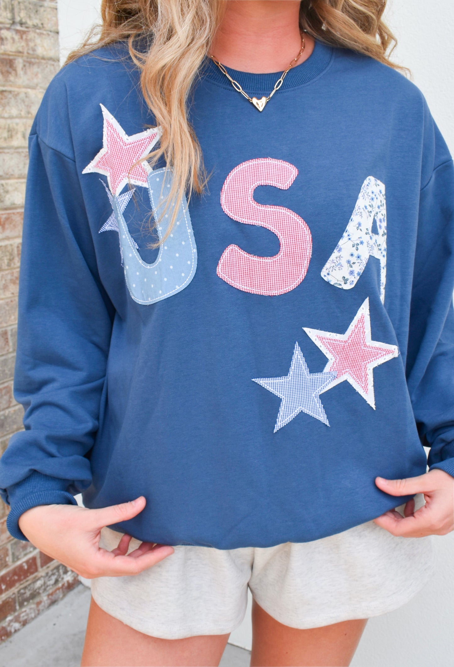 USA Patchwork Pattern Crewneck: Blue
