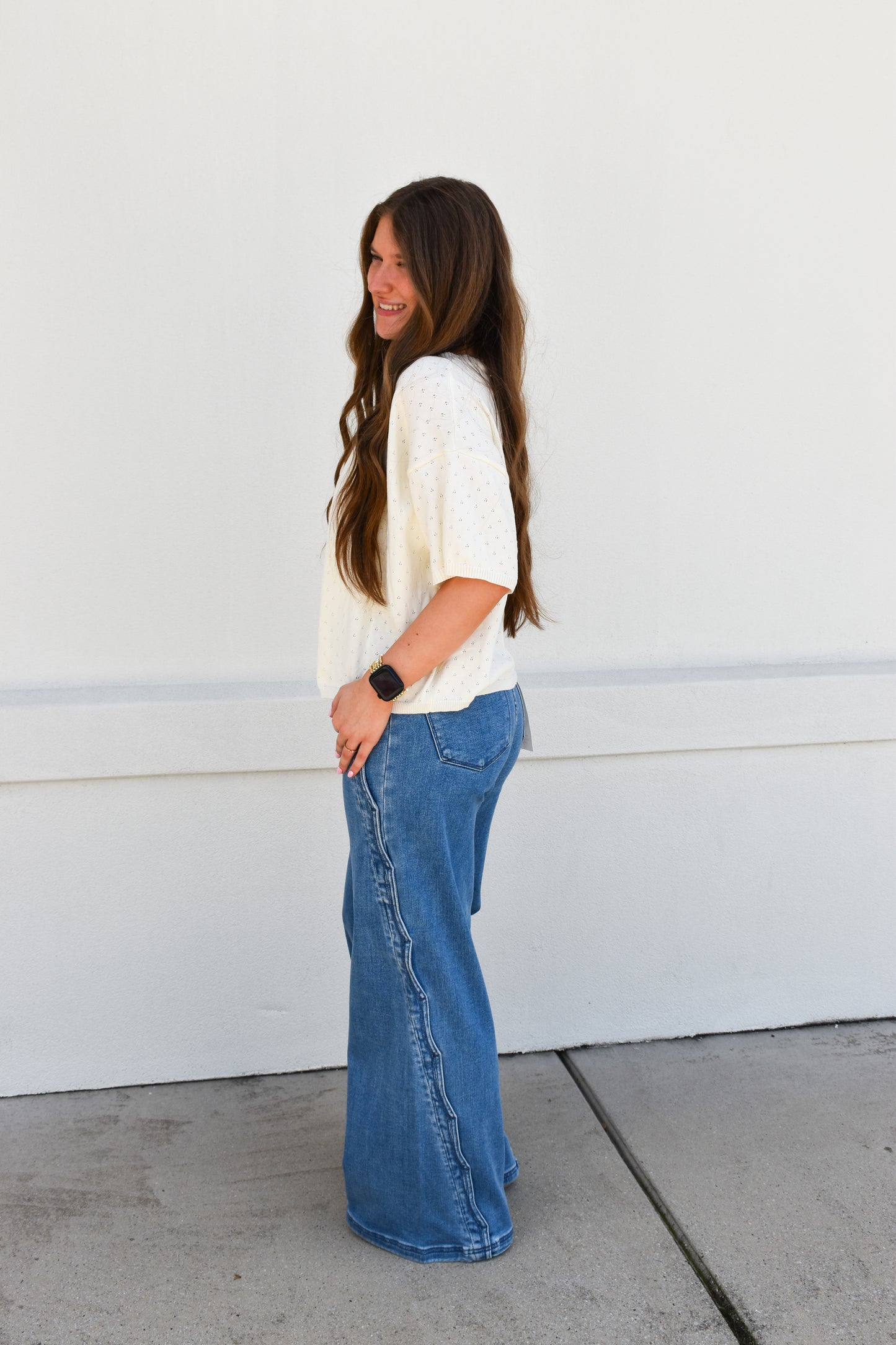 High Rise Wide Leg With Scalloped Edge Detail: Medium Wash
