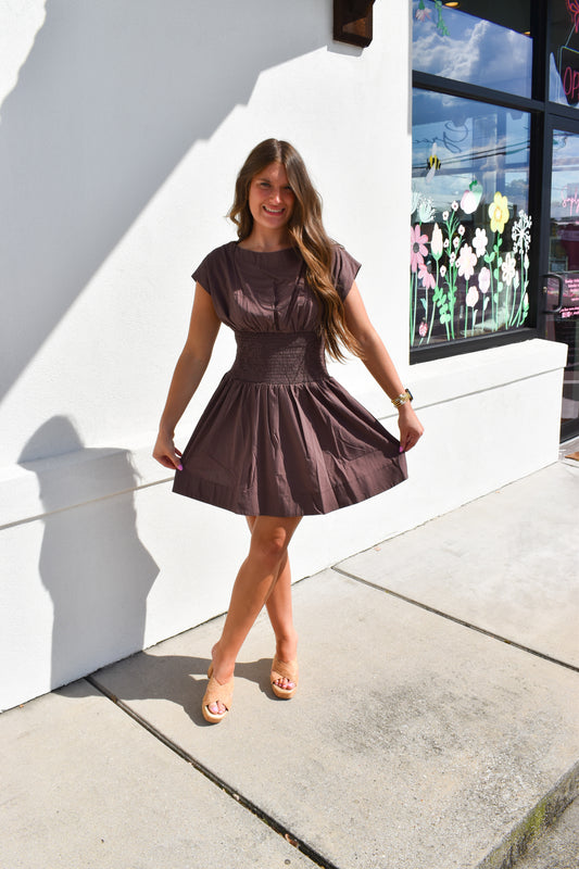 Smocked-Waist Blouson Poplin Dress