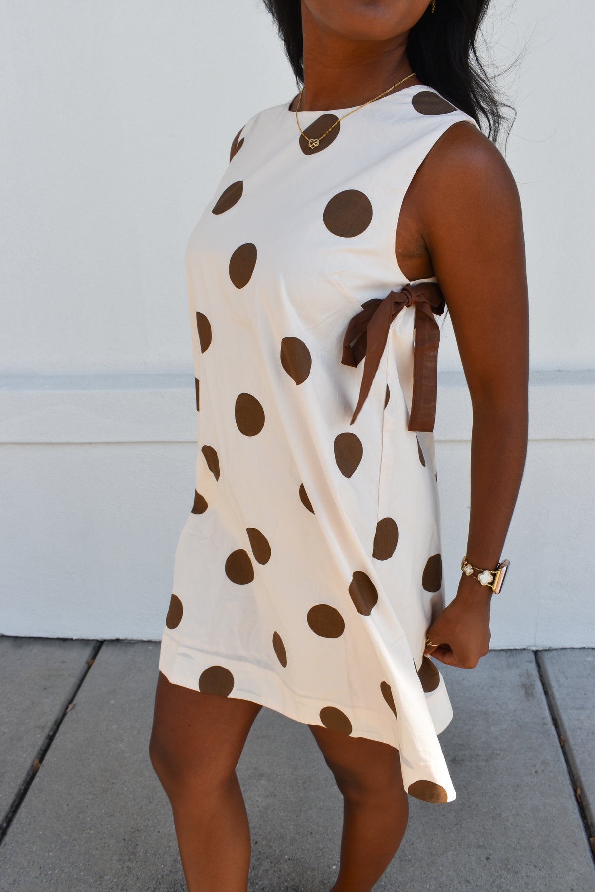 Polka Dot Sleeveless Mini Dress W/ Bow Detail