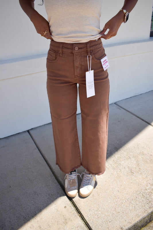 Risen Tummy Control High Rise Crop Wide Pants: Chocolate
