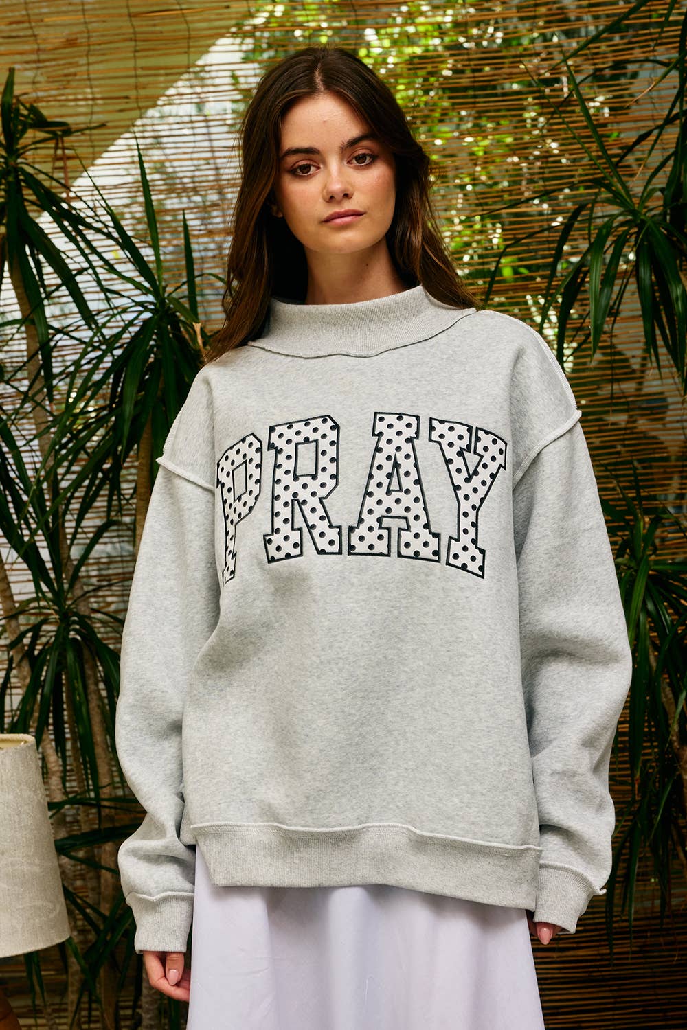 Embroidered "PRAY" Polka Dot Mockneck