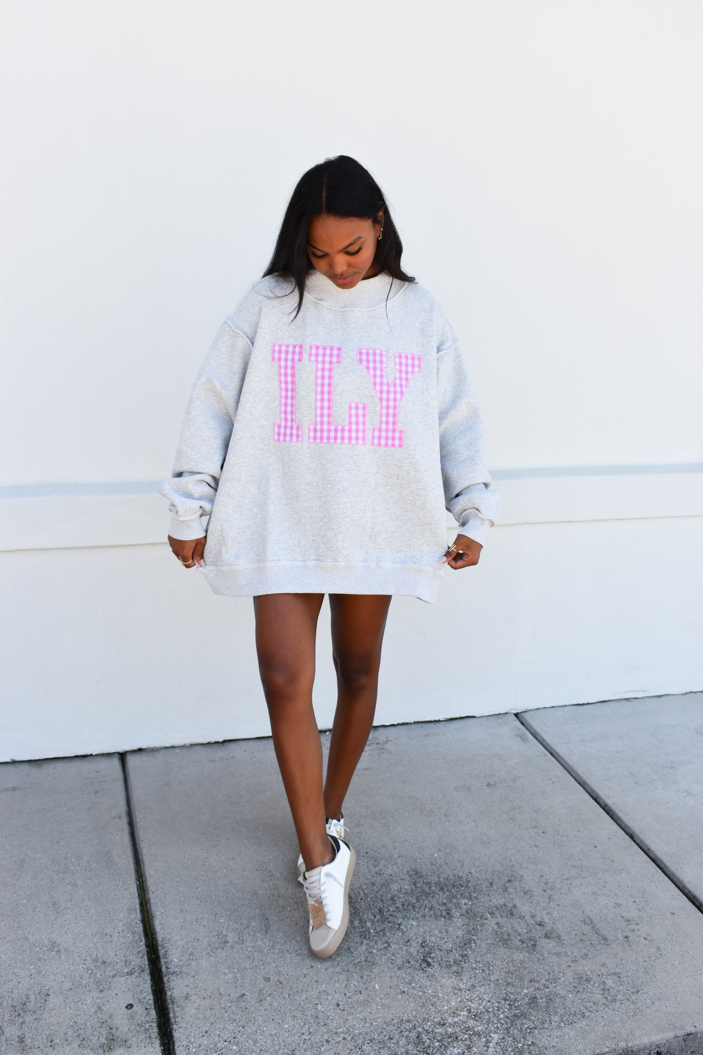"ILY" Gingham Embroidered Mockneck