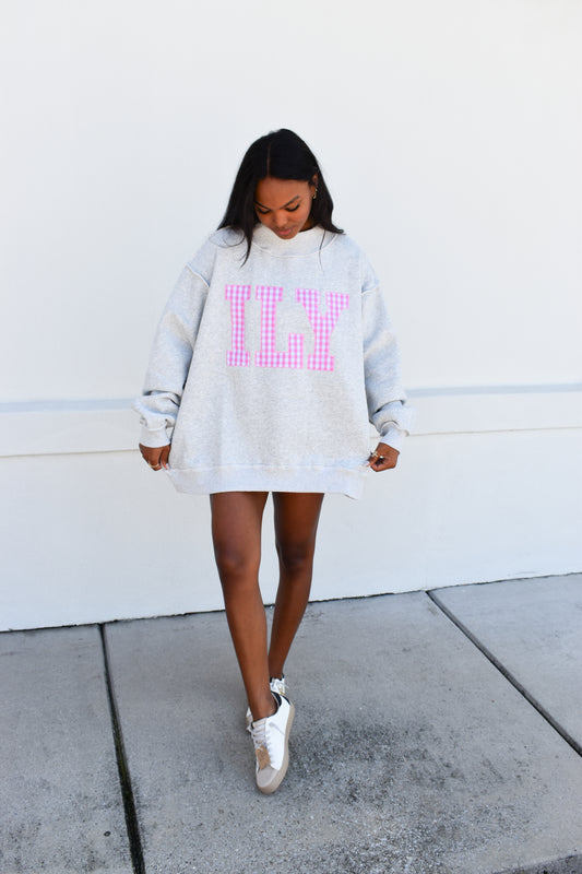"ILY" Gingham Embroidered Mockneck
