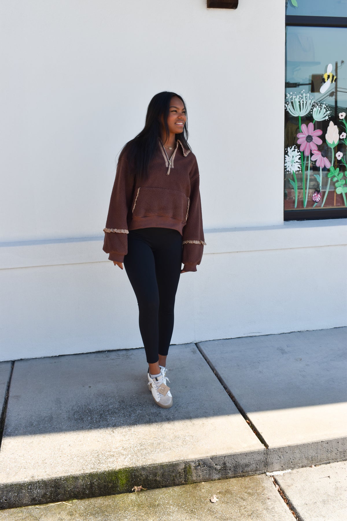 Gingham Fleece Collared Pullover: Brown