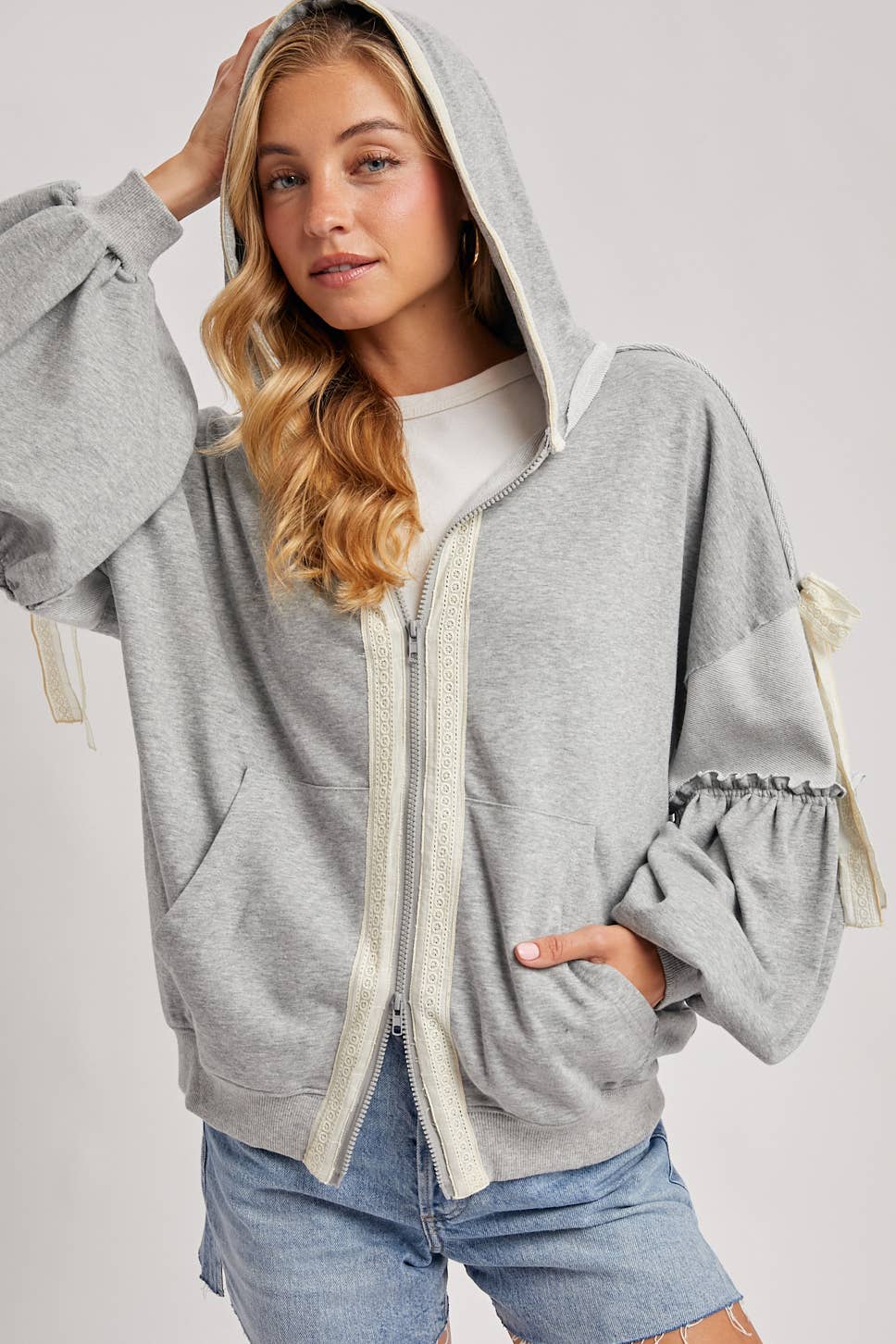 Bow Lace Hoodie W/ Double Zipper