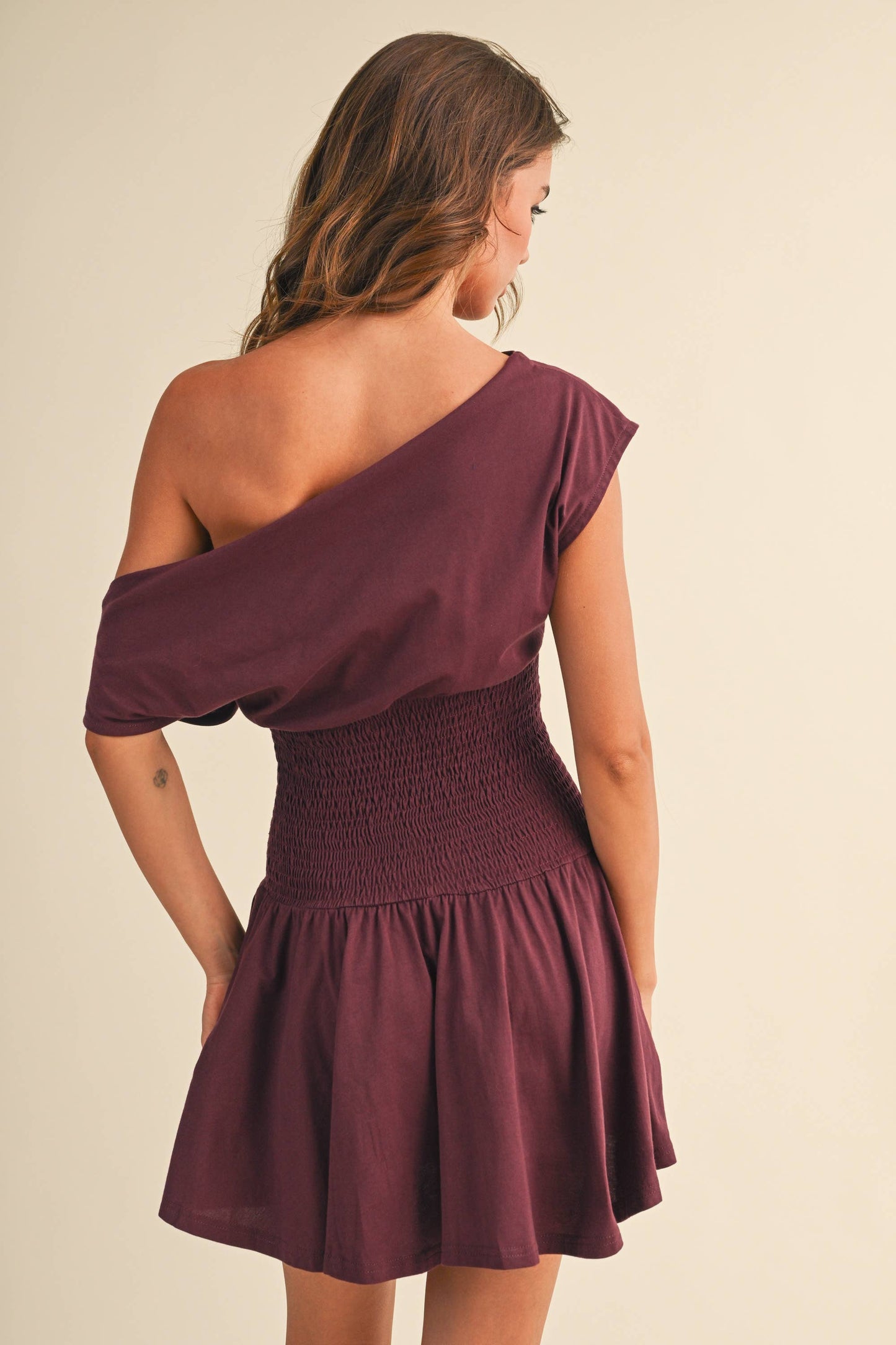 Off Shoulder Smocked Waist Dress: Wine