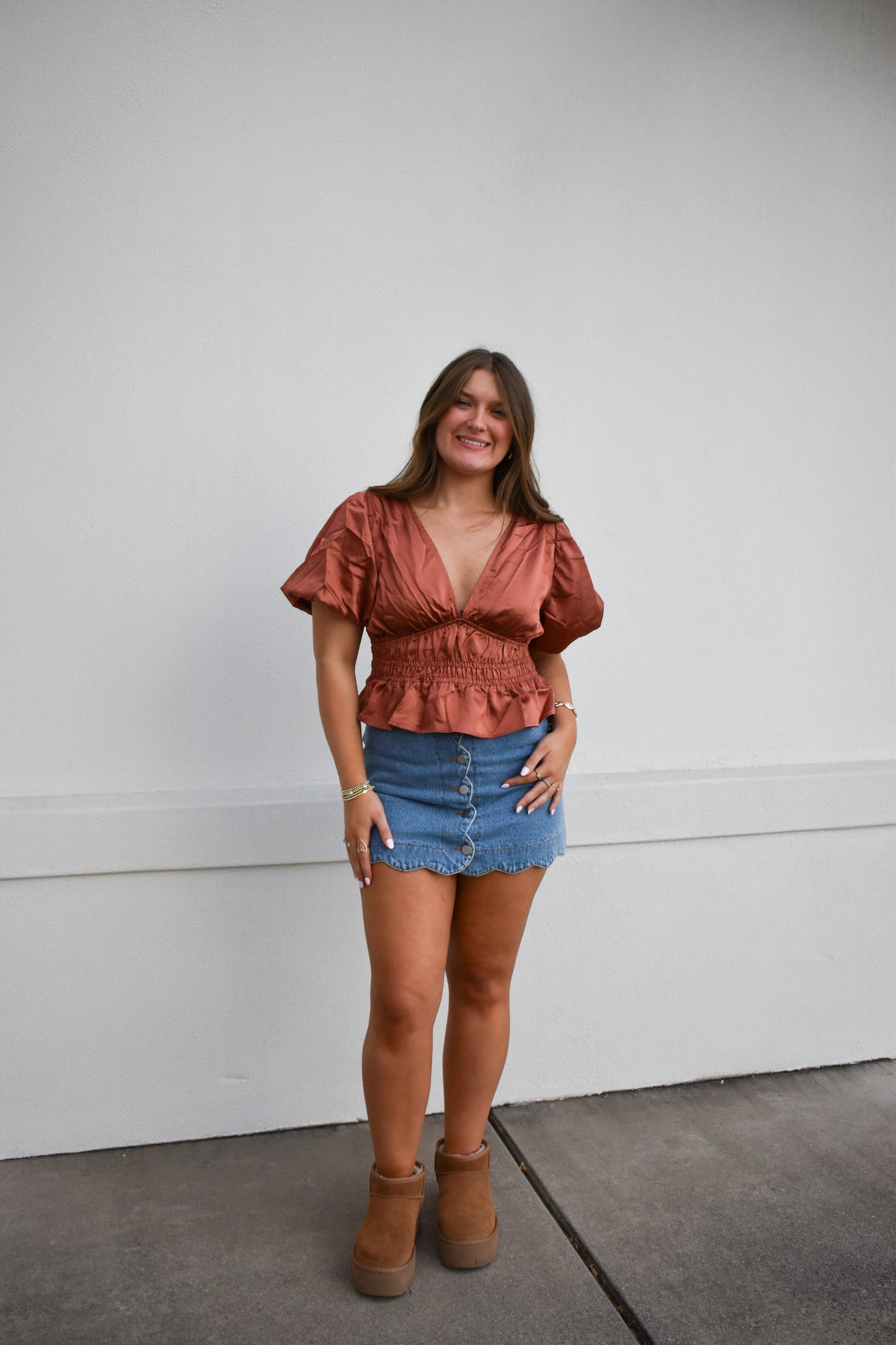 V Neck Satin Bubble Sleeve Top