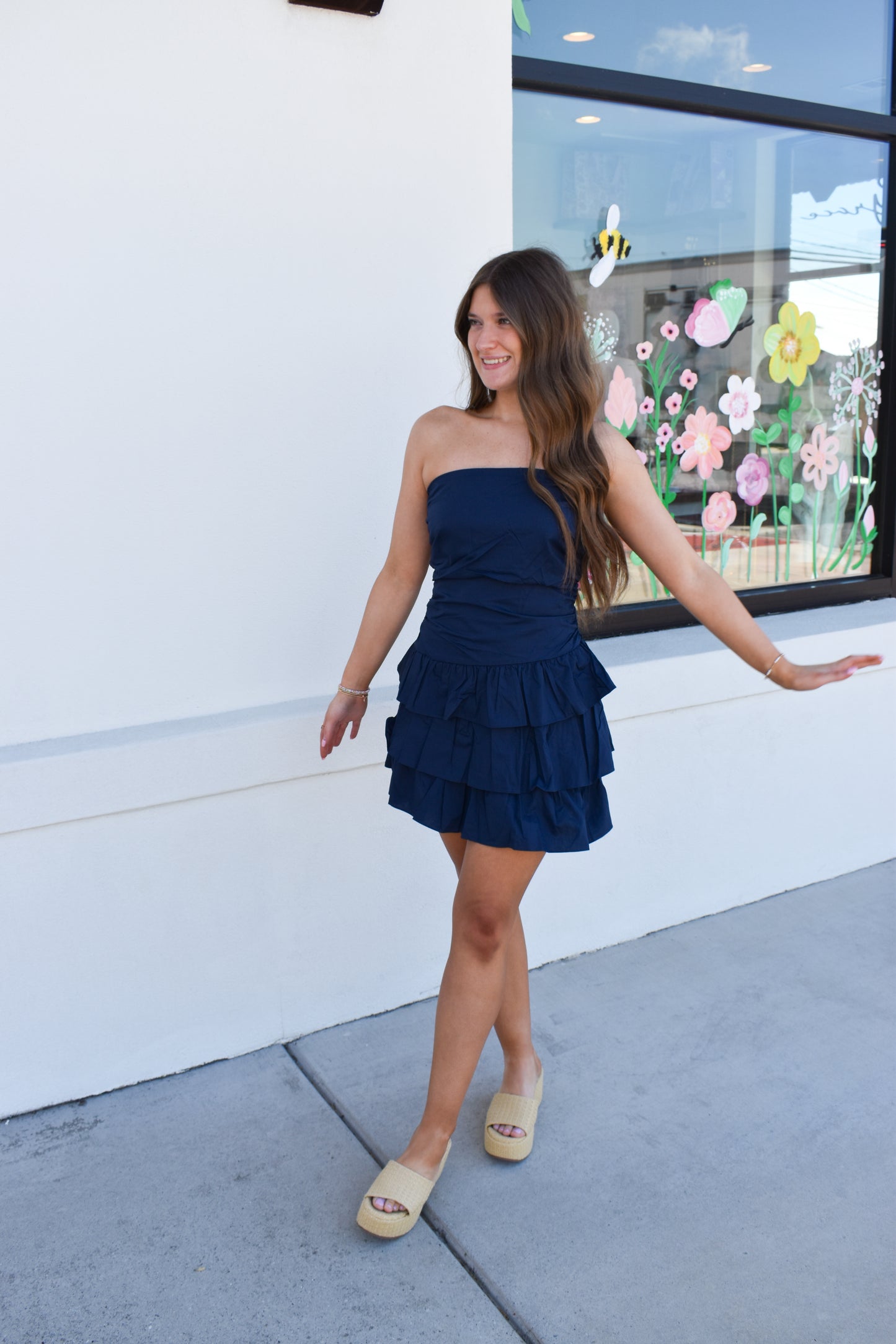 Strapless Ruffle Mini Dress: Navy
