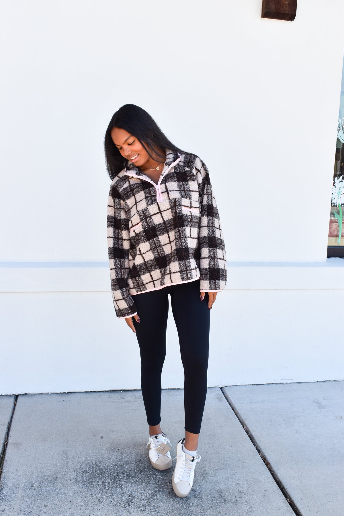 Plaid Sherpa Half-Zip W/ Pink Detail
