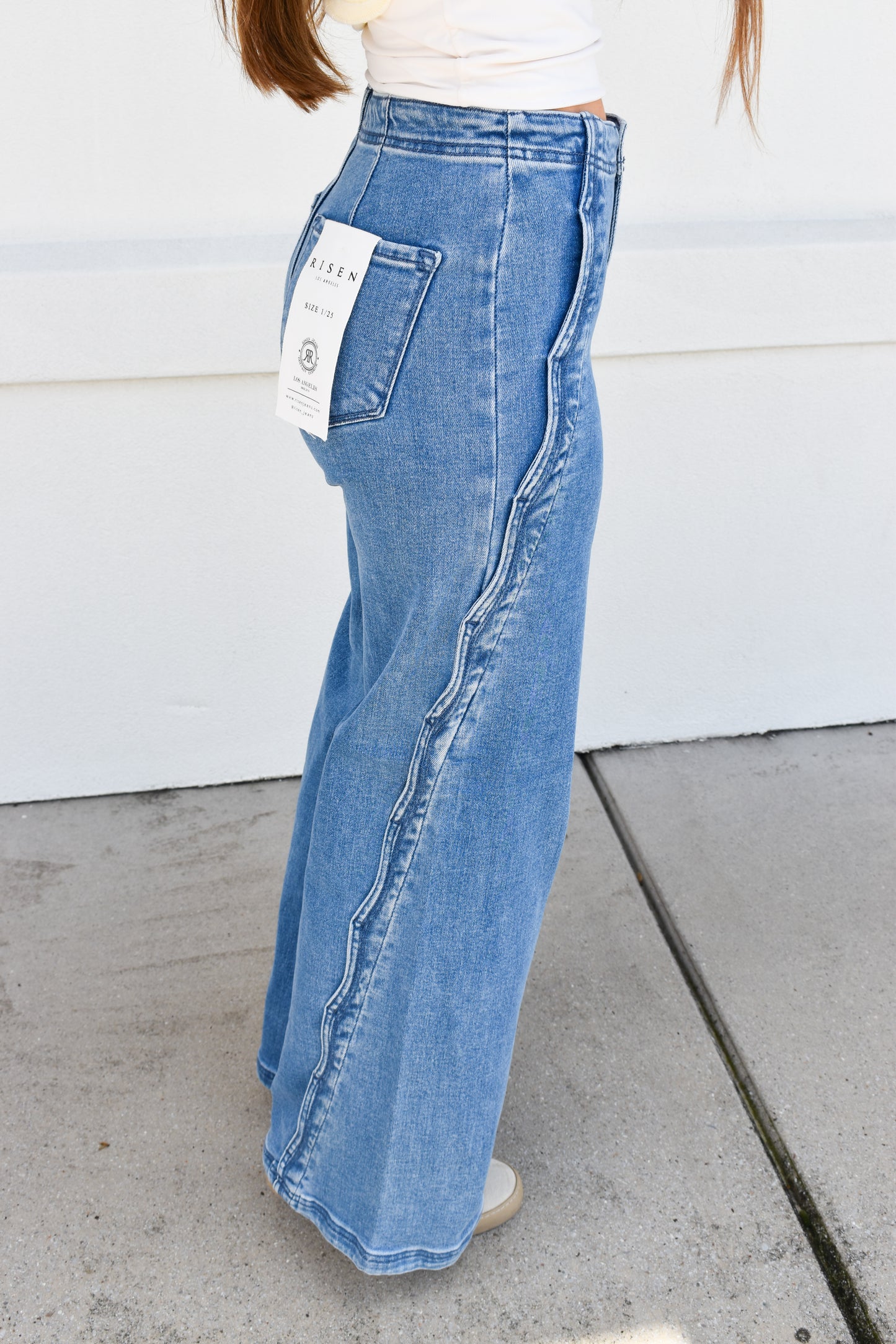 High Rise Wide Leg With Scalloped Edge Detail: Medium Wash