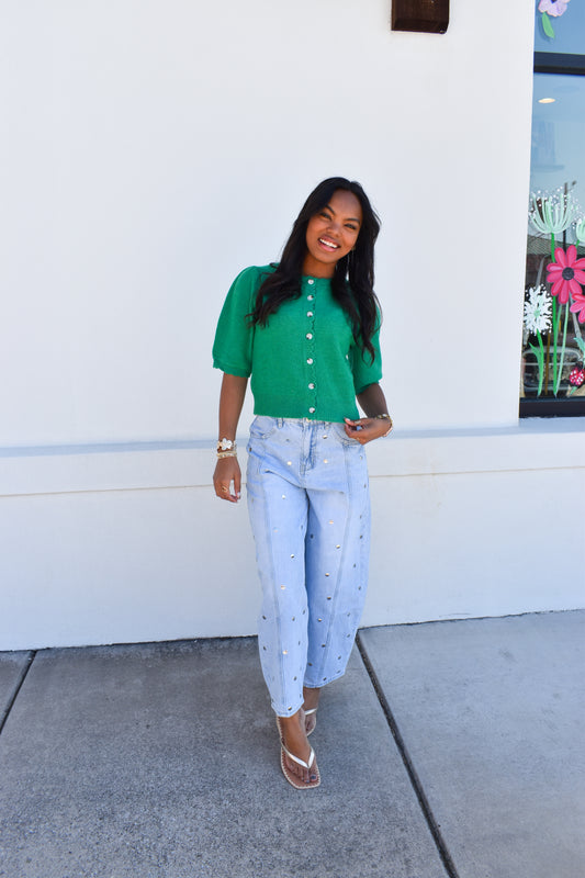 Green Button Short Sleeve Cardigan