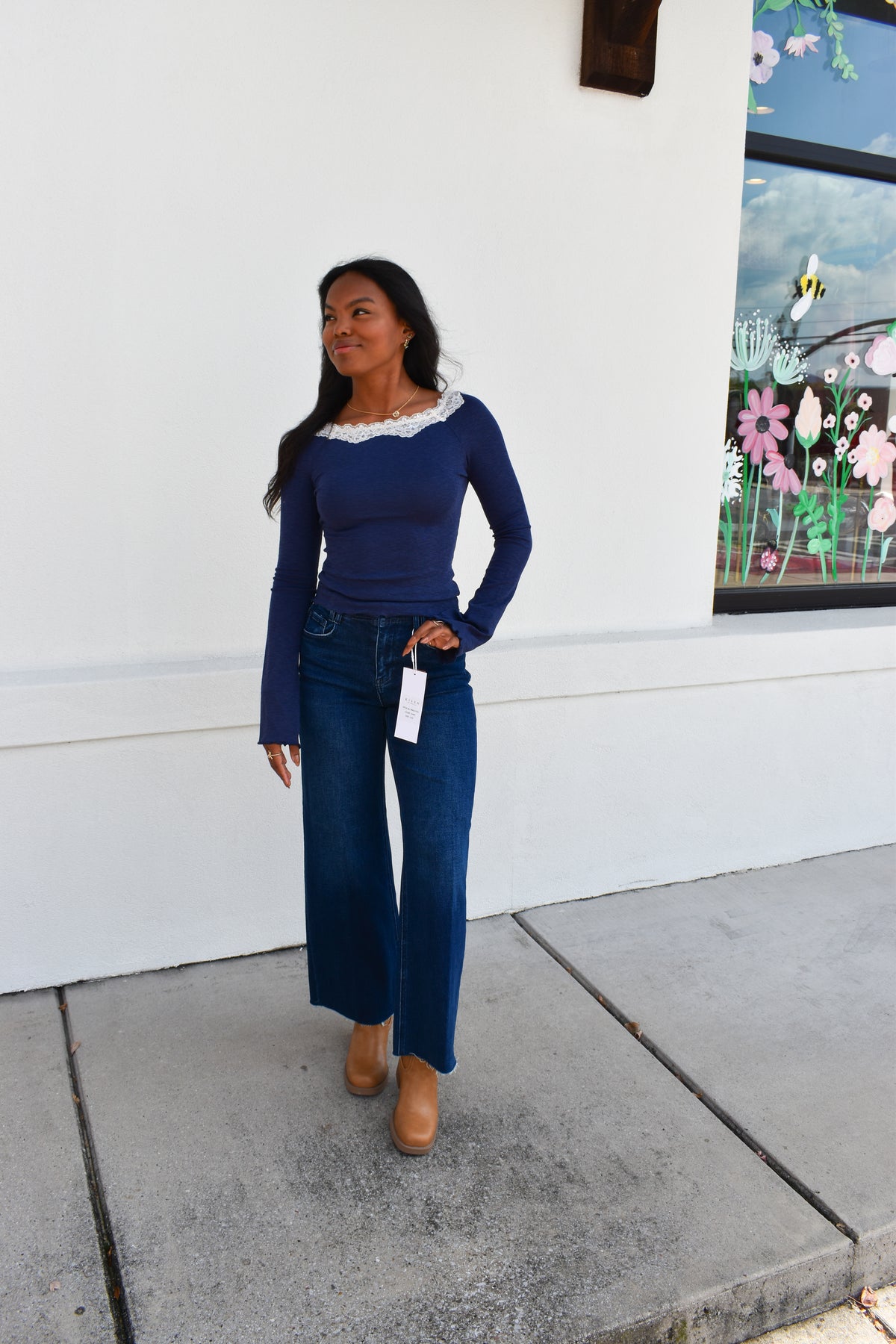 Lace Scoop Neck Blue Top